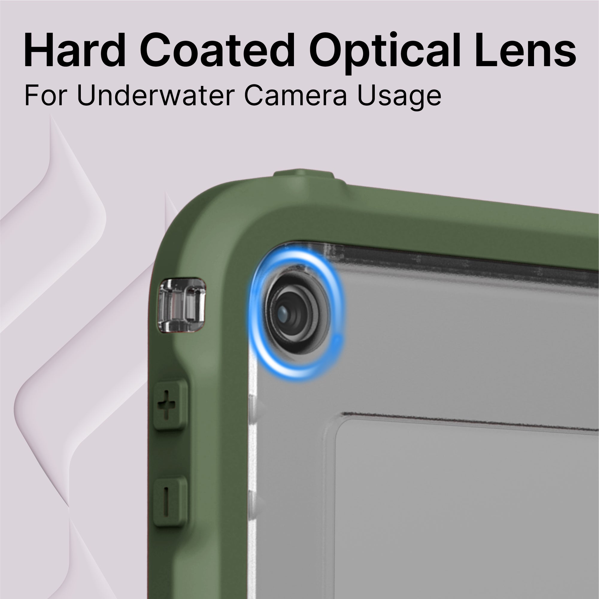 Close-up of the Catalyst Case US Waterproof Case for iPad (Gen 9/8/7), 10.2”, showing the hard coated optical lens with a blue ring, side buttons, and a corner loop. Text: "Hard Coated Optical Lens For Underwater Camera Usage.
