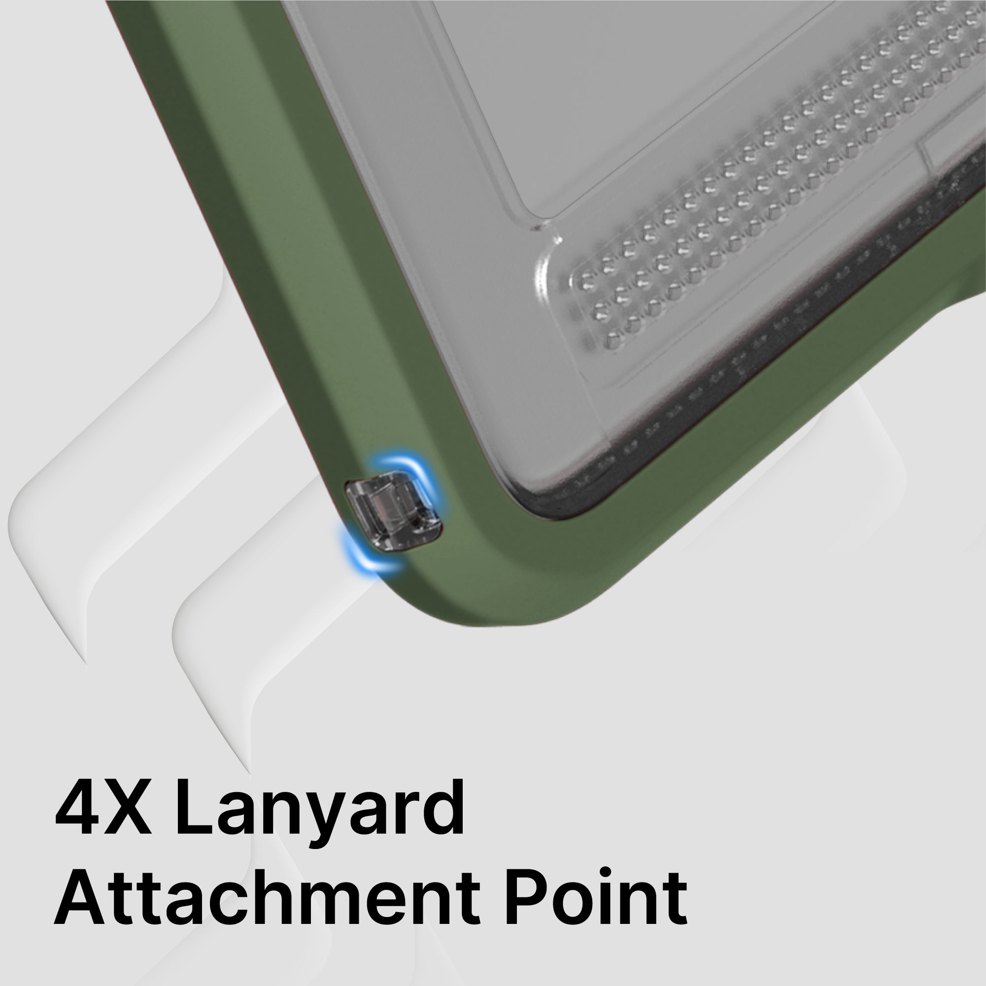 A close-up of the Catalyst Case US iPad (Gen 9/8/7), 10.2" Waterproof Case shows a reinforced lanyard attachment point with a blue glow. Bold black text reads, "4X Lanyard Attachment Point" on a light background.