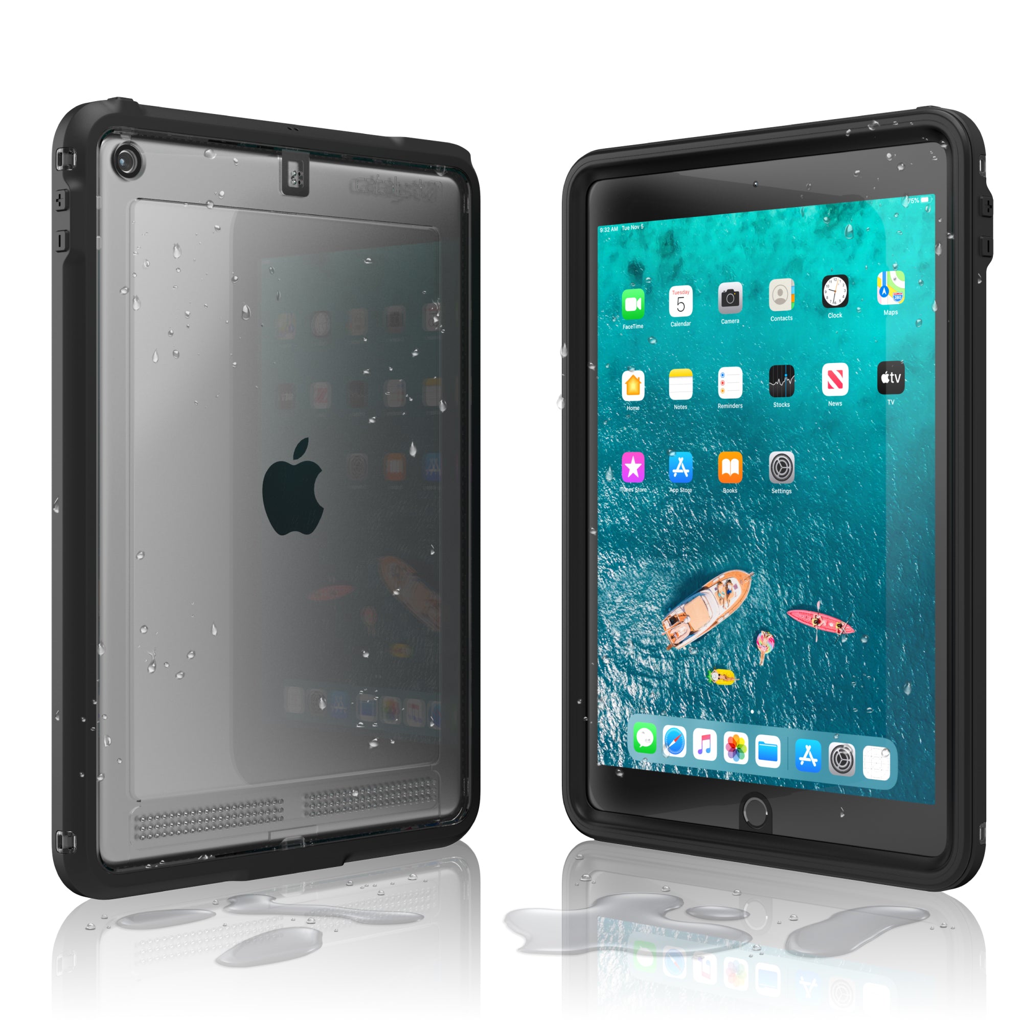 Two iPad (Gen 9/8/7), 10.2" devices in Catalyst Case US's Stealth Black waterproof cases are shown—one displaying vibrant app icons and a beach wallpaper, the other revealing the Apple logo—surrounded by water droplets to highlight water resistance.