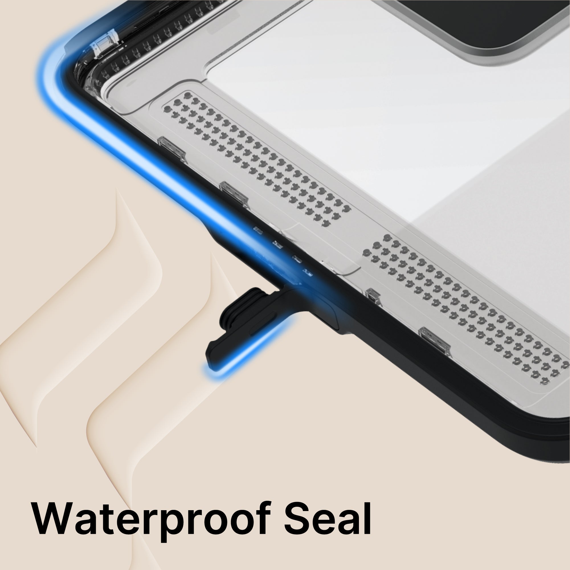 A close-up of the Catalyst Case US Waterproof Case for iPad (Gen 9/8/7), 10.2" shows a blue waterproof seal along the edge. A flap is open, revealing the protective layer and "Waterproof Seal" in bold black text at the bottom left corner.