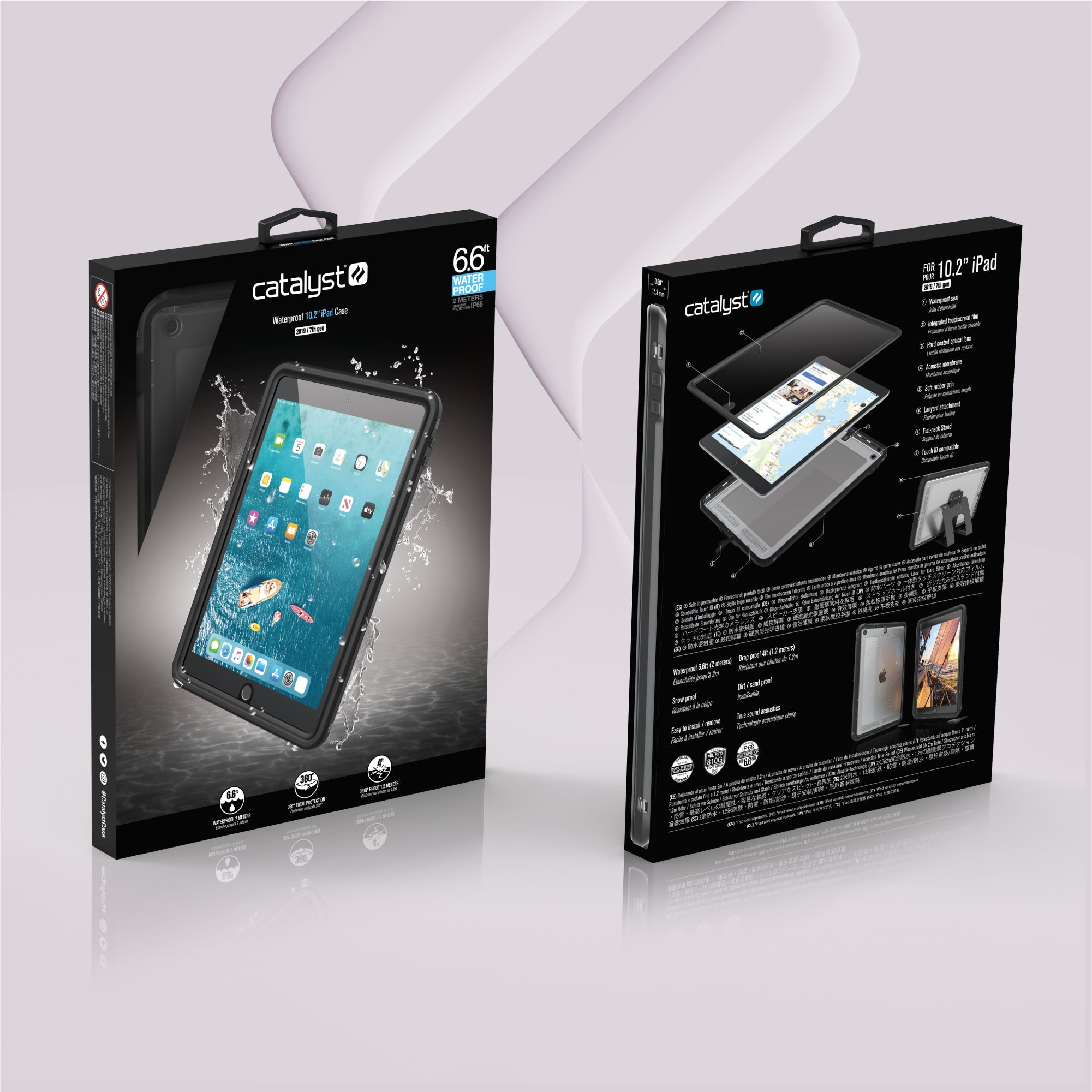 Two black Catalyst Case US boxes for the iPad (Gen 9/8/7), 10.2" Waterproof Case are shown—front with an iPad in a splash-proof case, and back with features, diagrams, and compatibility info. Background is light purple.