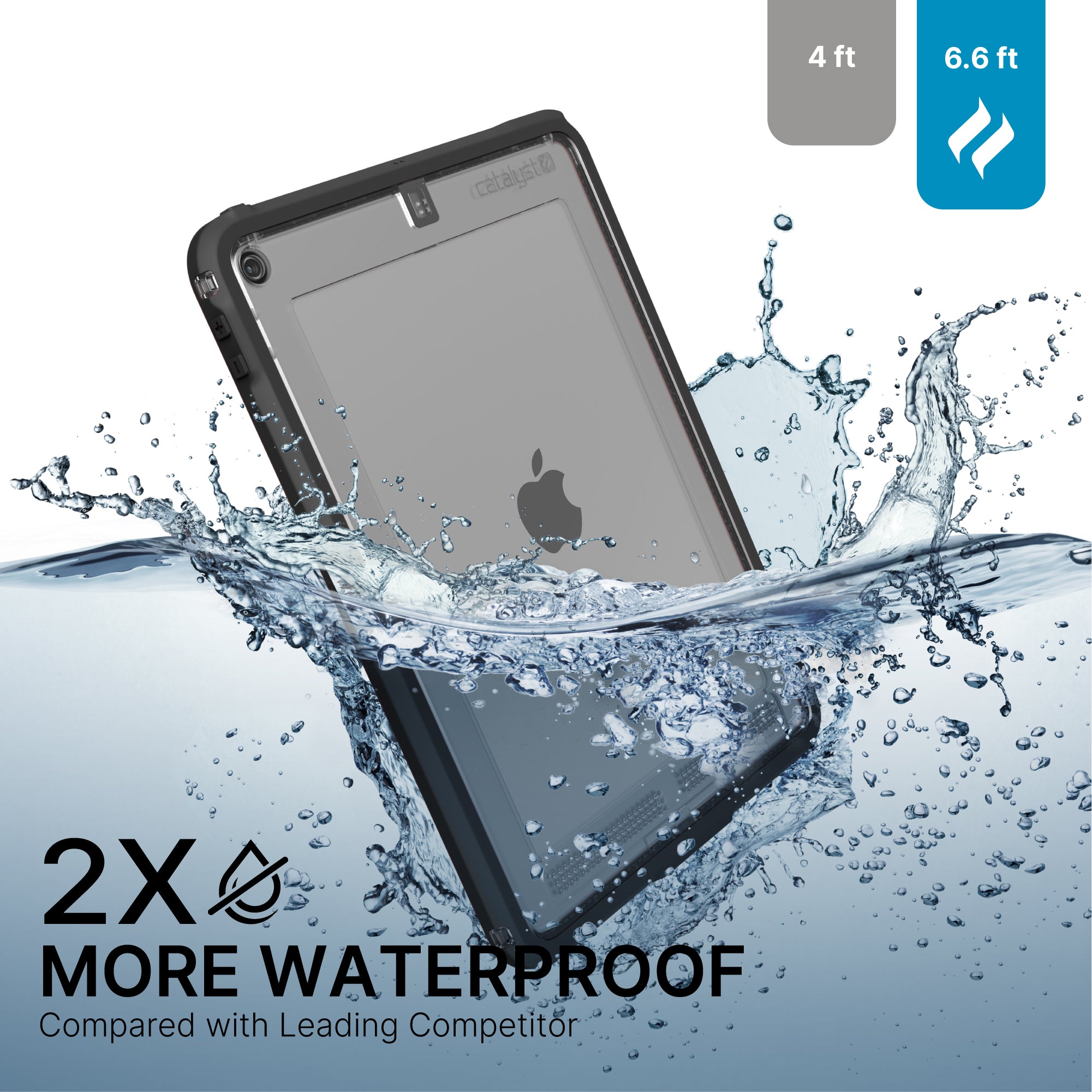 The Catalyst Case US iPad (Gen 9/8/7) 10.2" Waterproof Case is shown underwater. Text: "2X More Waterproof Than Leading Competitor." Icons show water resistance to 6.6 ft vs. 4 ft. The transparent design reveals the Apple logo.