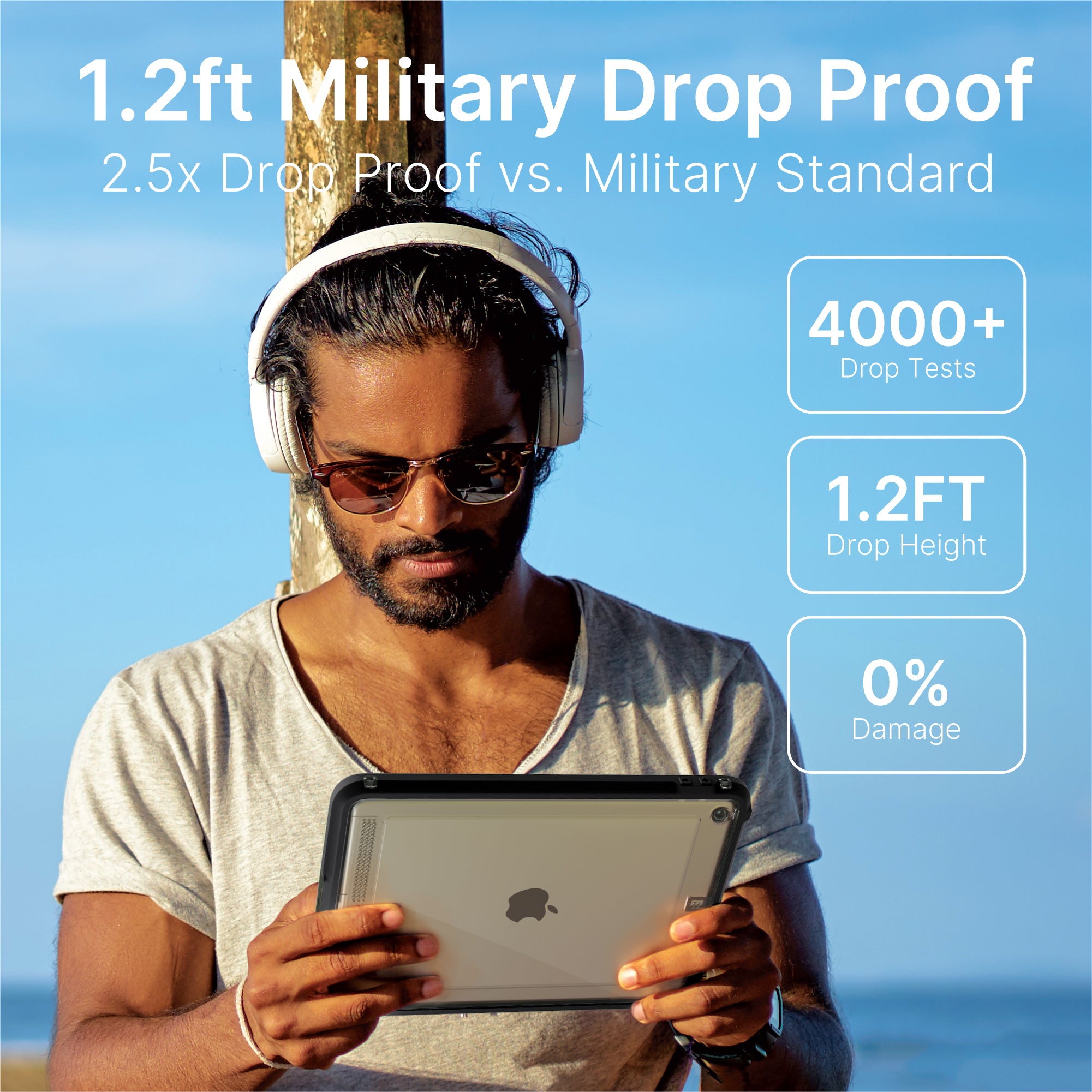 A man with sunglasses and headphones holds an iPad outdoors in a Catalyst Case US Waterproof Case (for 10.2" iPad Gen 9/8/7). Text reads: “1.2ft Military Drop Proof, 2.5x Stronger, 4000+ Drop Tests, 1.2FT Height, 0% Damage.”.