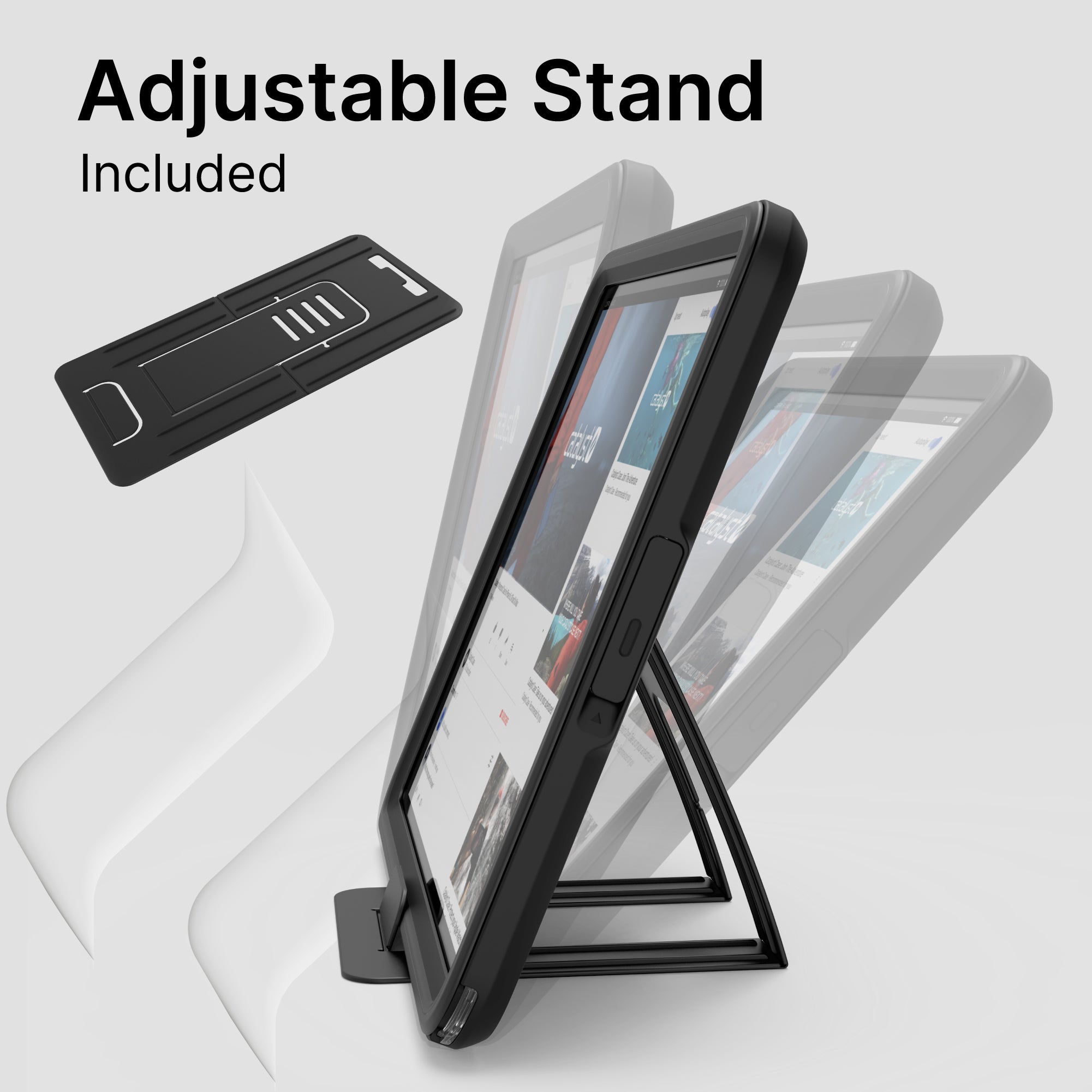 The Catalyst Case US Waterproof Case for iPad (Gen 9/8/7), 10.2", is displayed in black with an adjustable stand showing multiple tilt angles. A separate image of the stand appears left, under the bold heading “Adjustable Stand Included” on gray.