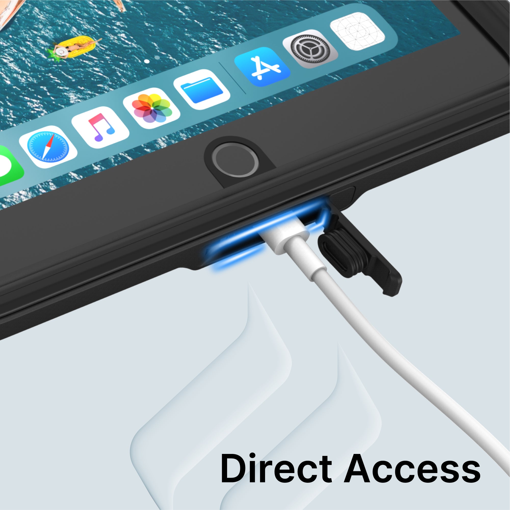Close-up of an iPad (Gen 9/8/7), 10.2" in a Catalyst Case US waterproof case, with a charging cable plugged in and colorful app icons on the screen. A blue glow highlights the charging port and "Direct Access" is shown in bold at the bottom right.