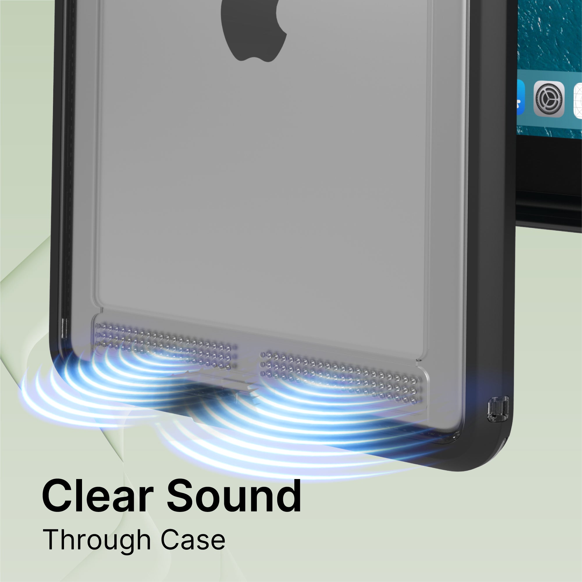 A close-up of the Catalyst Case US Waterproof Case for iPad (Gen 9/8/7), 10.2" shows sound waves emitting from the bottom speaker holes. The green background features "Clear Sound Through Case" in black at the lower left.
