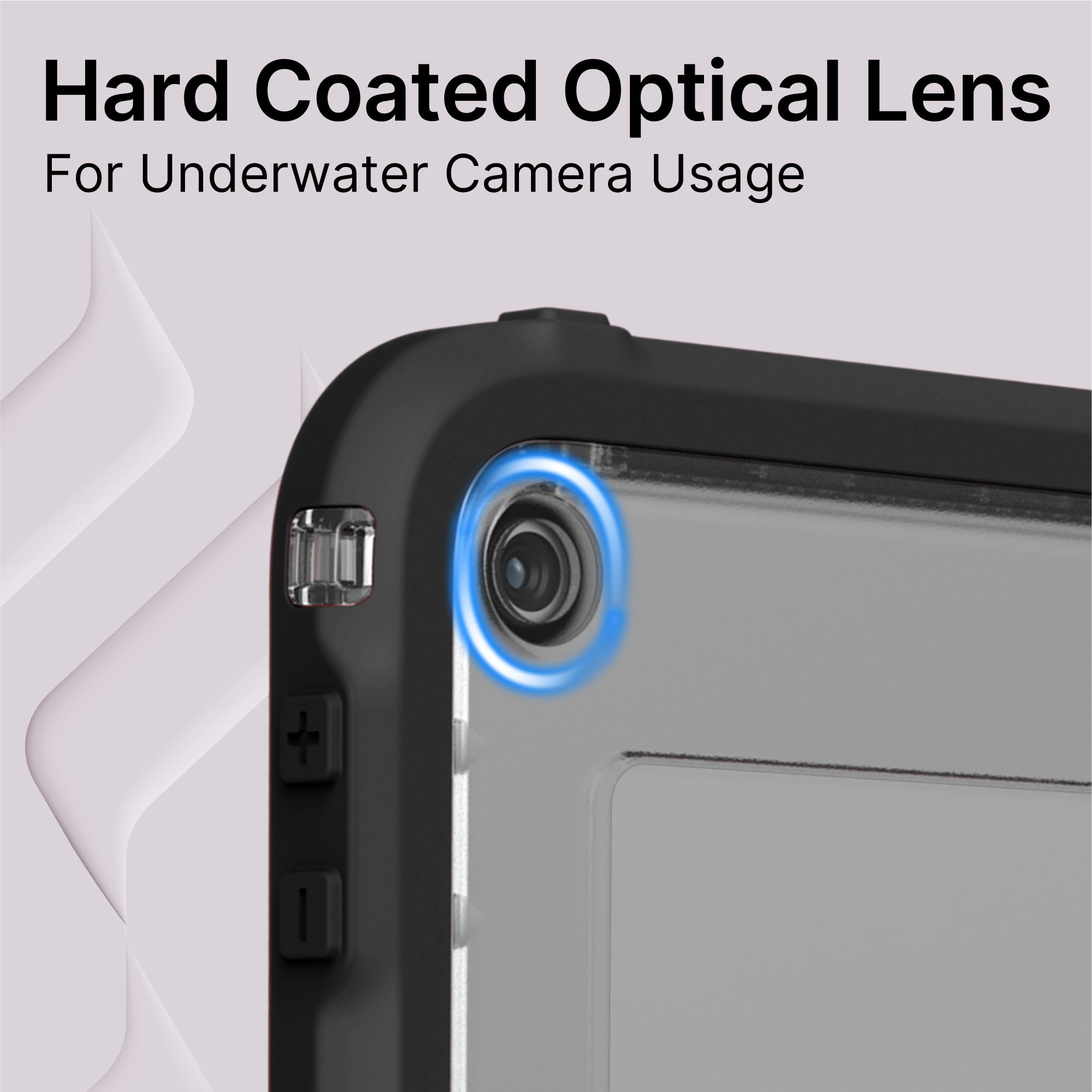 Close-up of an iPad (Gen 9/8/7), 10.2" in a rugged black Catalyst Case US waterproof case with a blue-ringed, hard coated optical lens for underwater camera usage. Text appears above on a light, abstract background.