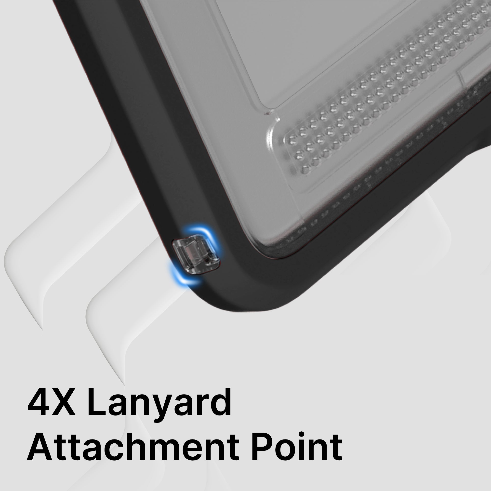 Close-up of the Catalyst Case US Waterproof Case for iPad (Gen 9/8/7), 10.2" shows a black, partially transparent device with "4X Lanyard Attachment Point" in bold. Three white lanyard loops extend from behind the highlighted corner attachment point.