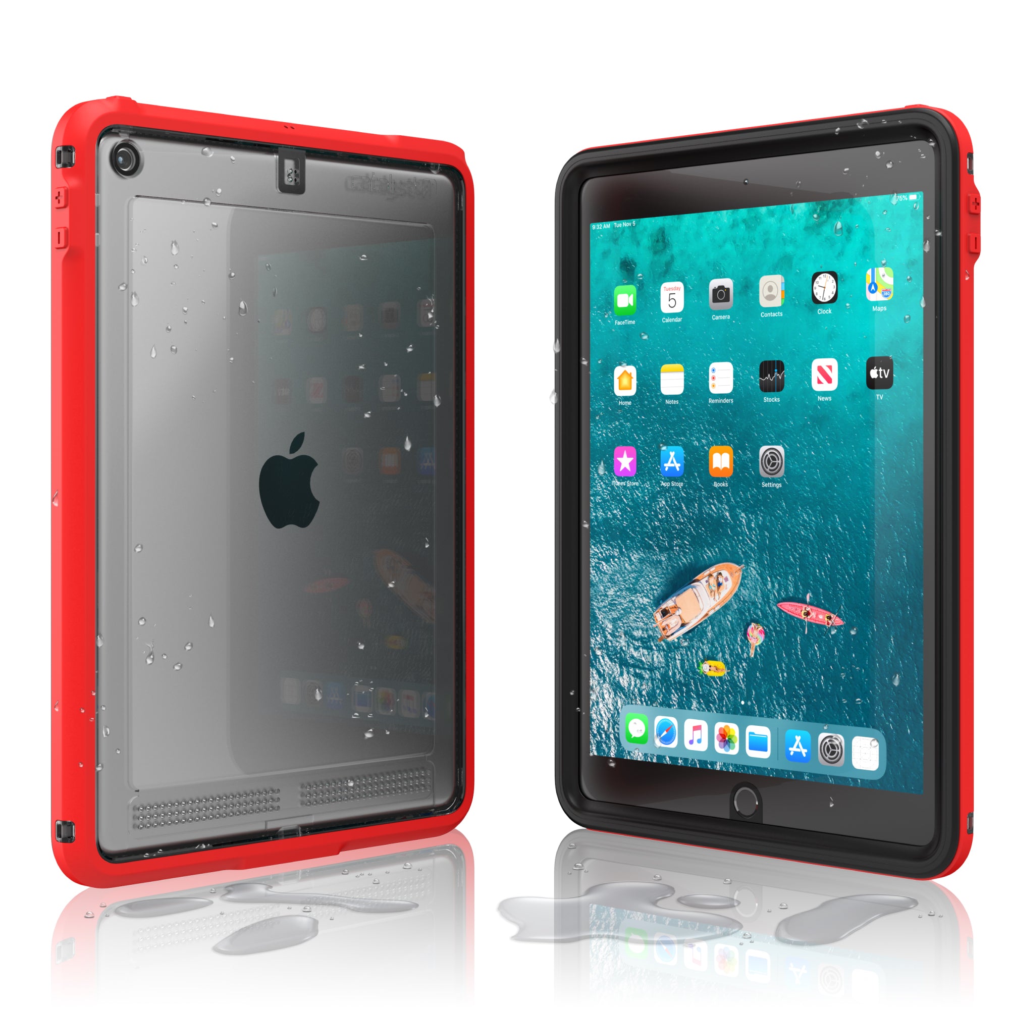 Two iPad (Gen 9/8/7), 10.2" devices in Catalyst Case US waterproof cases (Flame Red) are shown—one displays the home screen, the other shows the back with the Apple logo and water droplets, highlighting their water-resistant design.