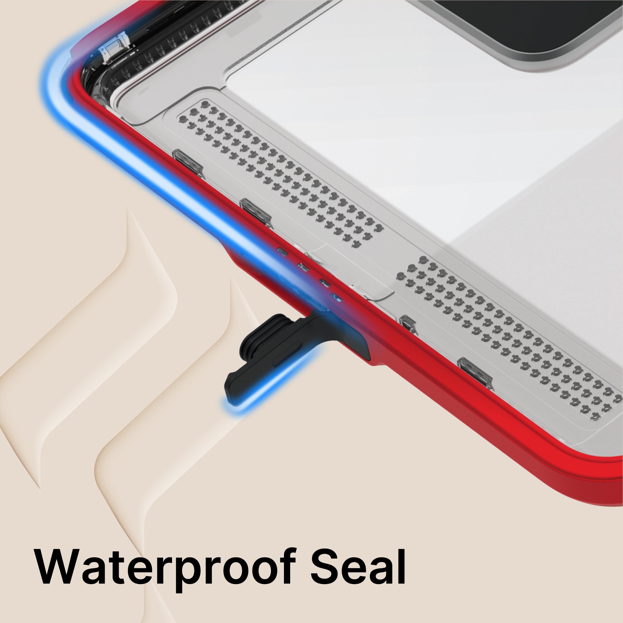 A close-up of the Catalyst Case US Waterproof Case for iPad (Gen 9/8/7), 10.2" showcases a red design with a blue glow highlighting its waterproof seal, a black latch, detailed seal-point dots, and "Waterproof Seal" text on a beige background.