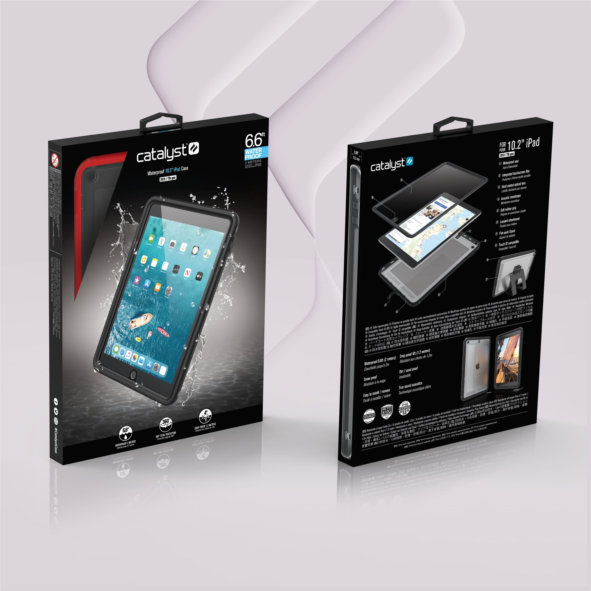 Two black boxes for the Catalyst Case US iPad (Gen 9/8/7), 10.2" Waterproof Case are shown: the front displays an iPad in the case with splashing water, while the back highlights features, diagrams, and compatibility details on a grey background.
