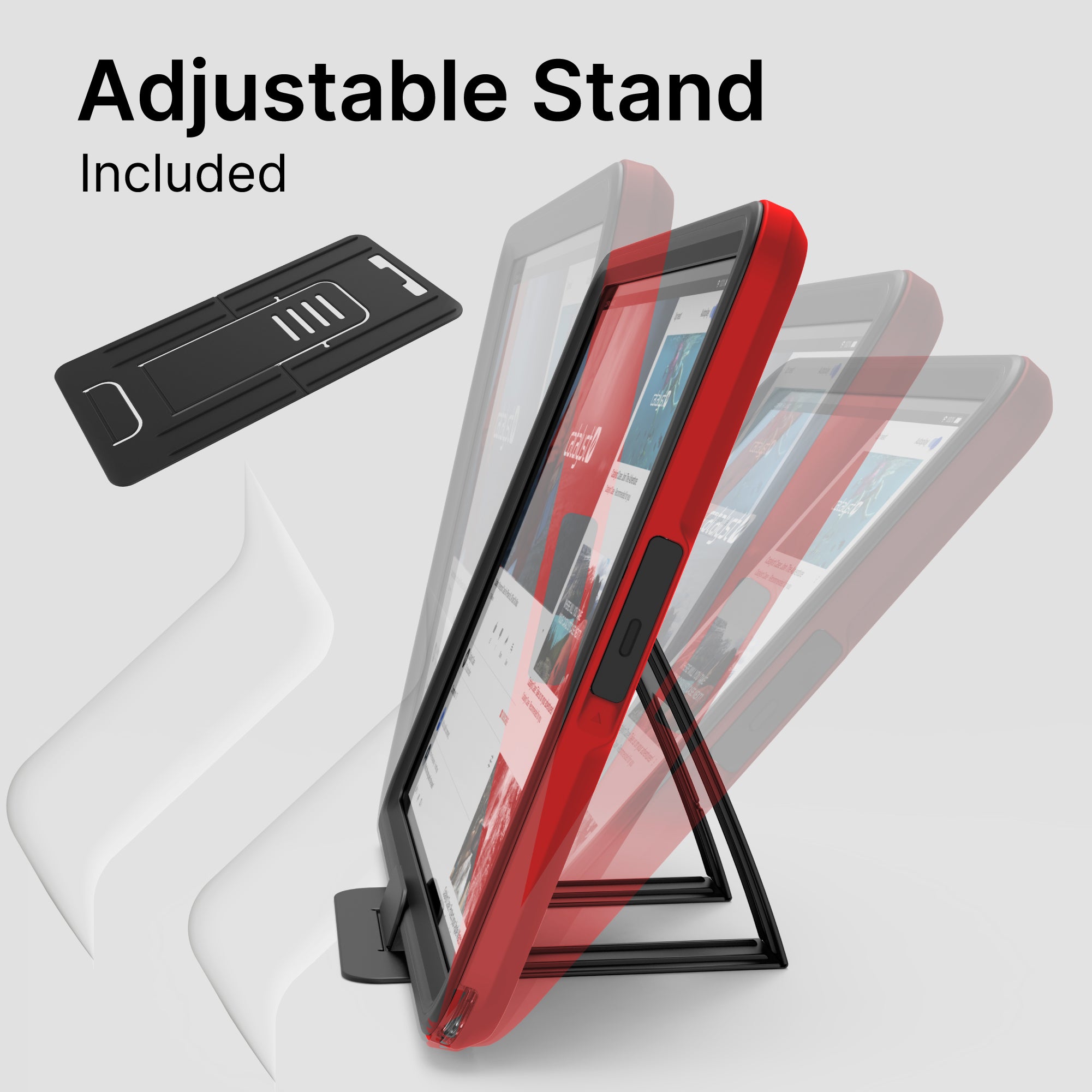 A Catalyst Case US iPad (Gen 9/8/7), 10.2" Waterproof Case in red is displayed in three tilted positions on a foldable black adjustable stand, with “Adjustable Stand Included” text and a folded stand image shown on a light gray background.