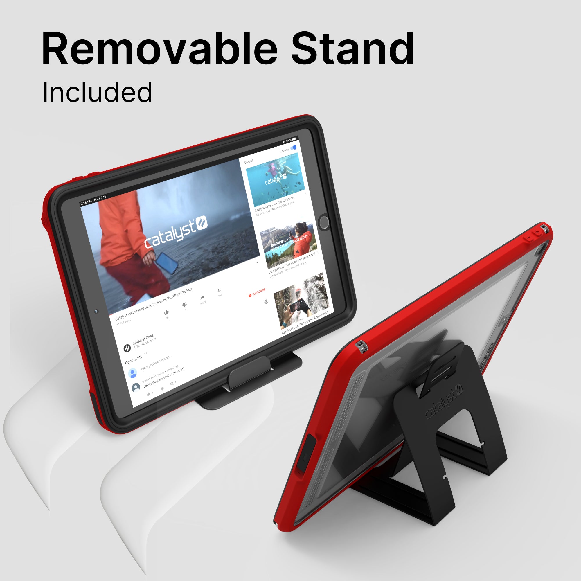 The Catalyst Case US Waterproof Case for iPad (Gen 9/8/7), 10.2", is shown in red and black on a removable stand. The screen displays YouTube, with “Removable Stand Included” above. Background is light gray.