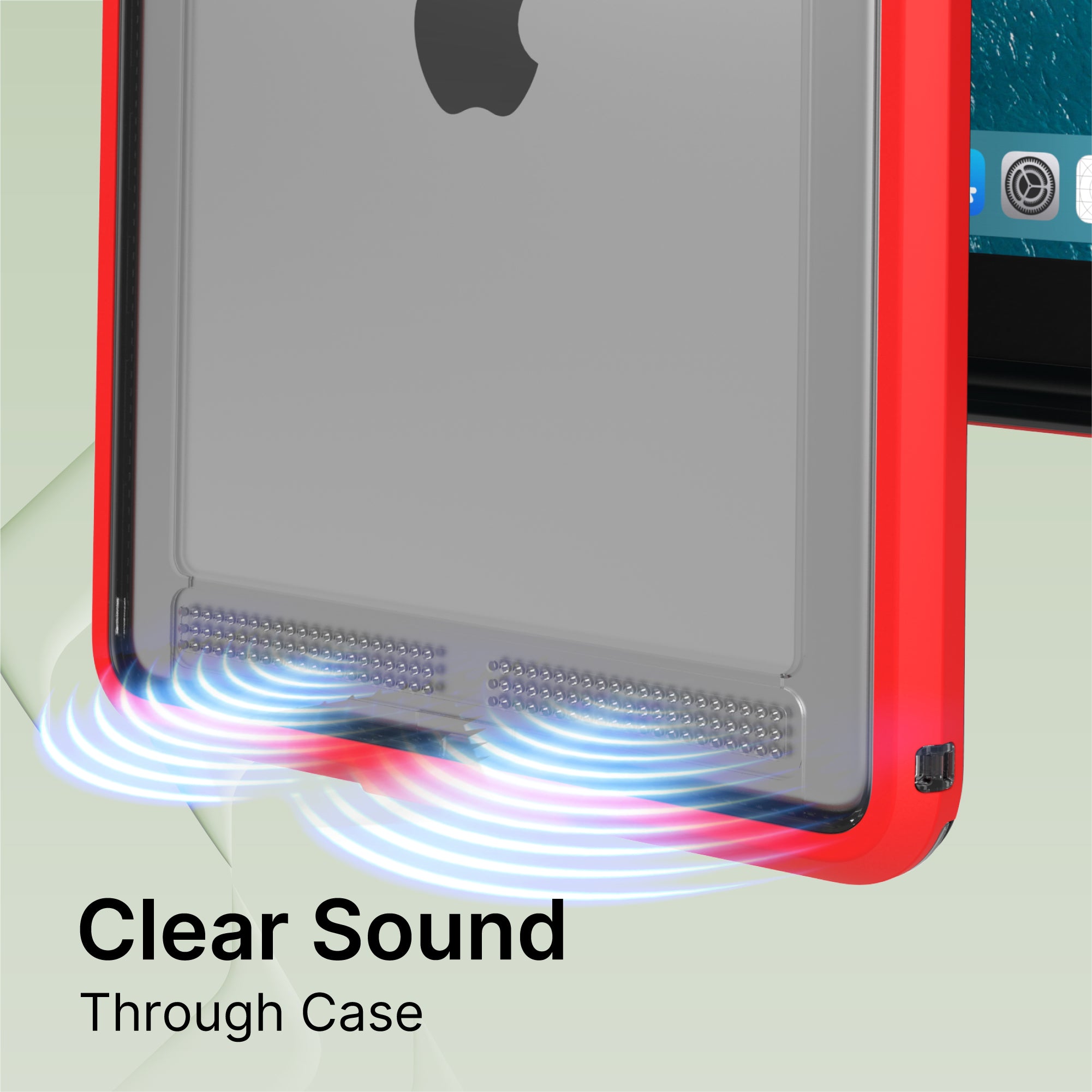 A close-up of a Catalyst Case US Waterproof Case for iPad (Gen 9/8/7), 10.2", in red shows speaker perforations with sound waves and an app on the screen. Text reads, "Clear Sound Through Case" on a green gradient background.