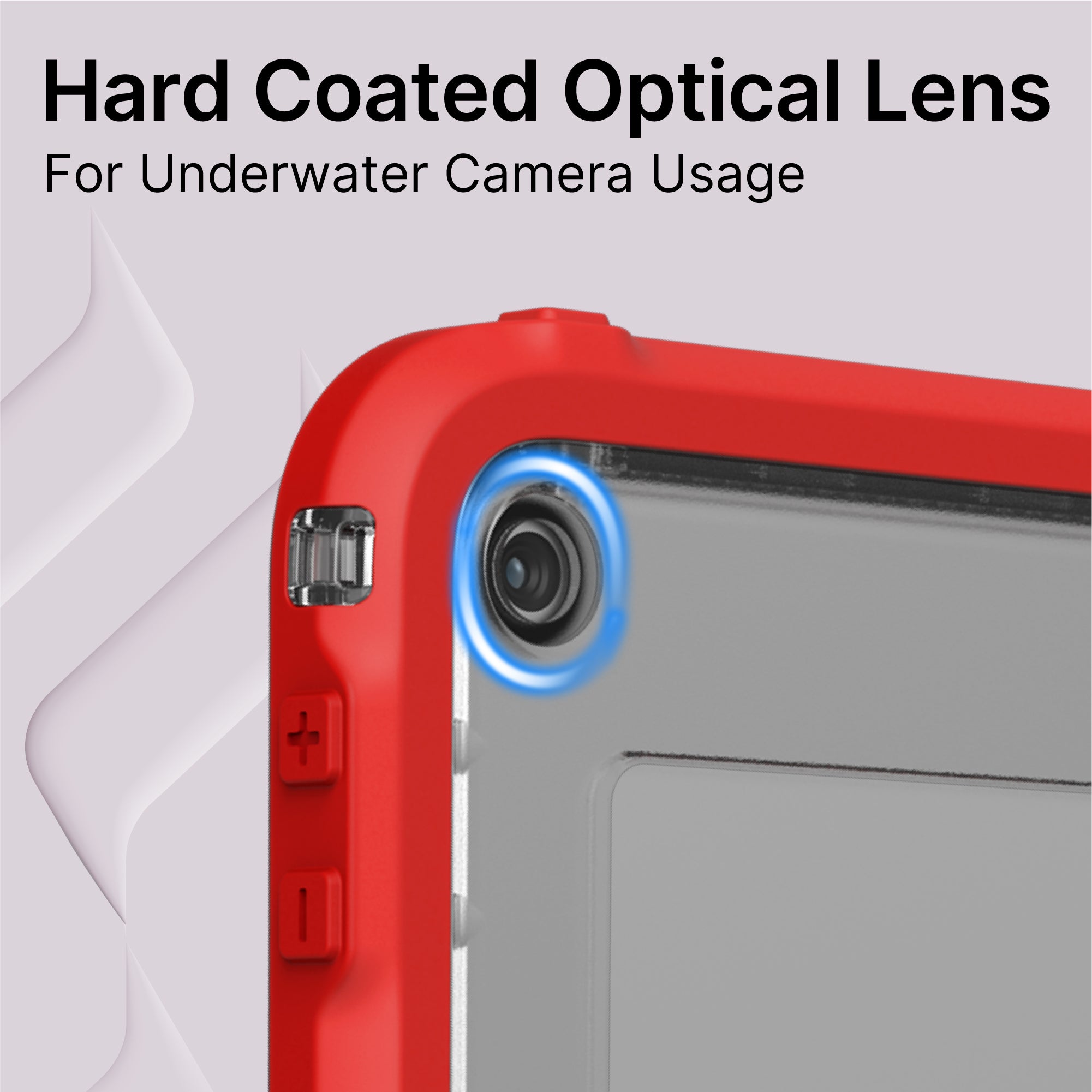 Close-up of a Catalyst Case US waterproof case for iPad (Gen 9/8/7), 10.2", with the hard-coated optical lens area highlighted by a blue ring. Text above reads "Hard Coated Optical Lens For Underwater iPad Usage" on a light abstract background.