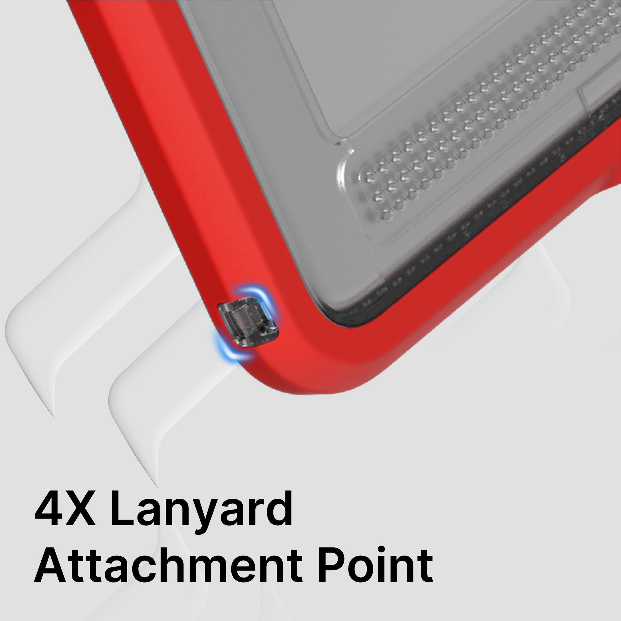 Close-up of Catalyst Case US iPad (Gen 9/8/7), 10.2" Waterproof Case in red showing a blue-highlighted lanyard attachment point. Light gray background. Bold black text at the bottom left: "4X Lanyard Attachment Point.