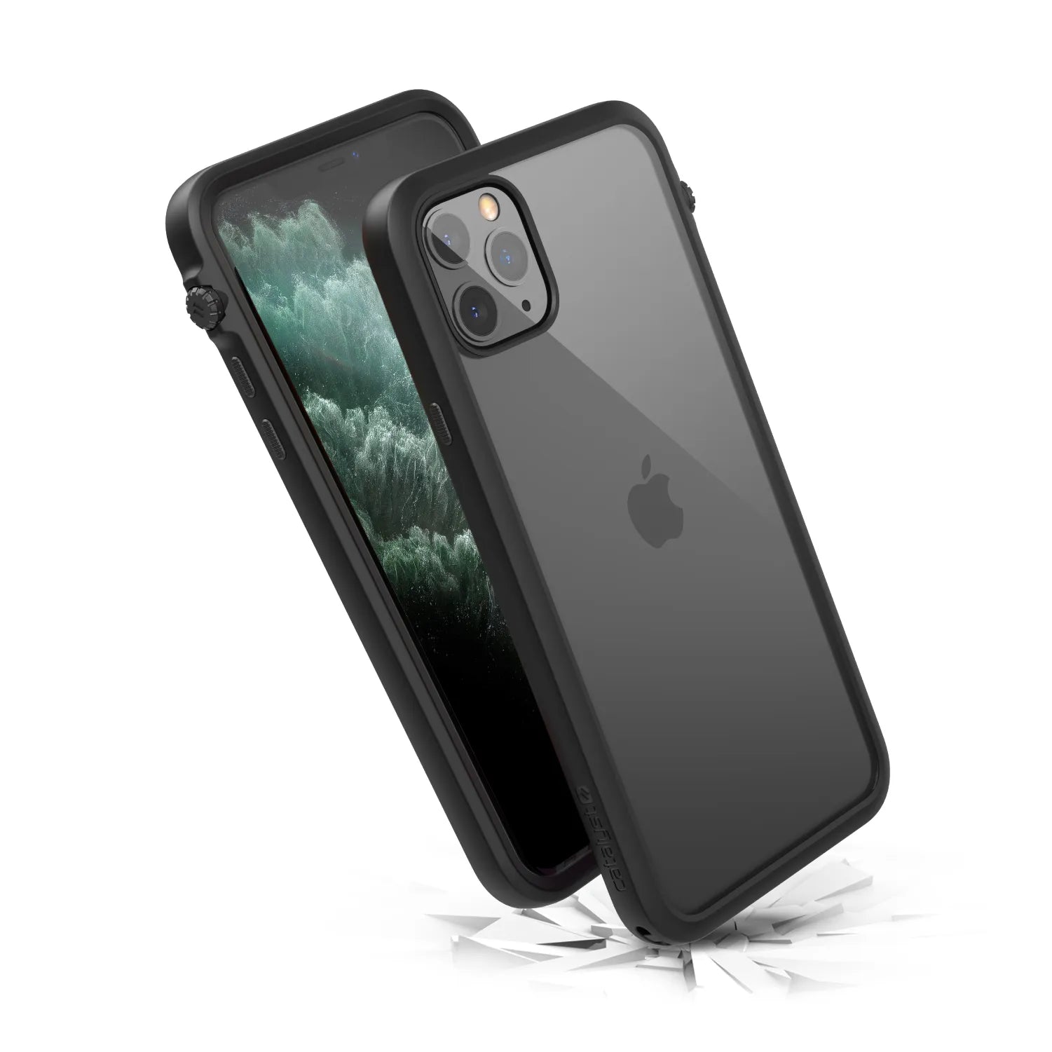 The Catalyst Case US iPhone 11 Pro Max Impact Protection Case is shown in black, displaying both the screen and Apple logo, as it lands on a cracked surfaceâ€â€Âhighlighting its rugged MIL-STD 810G drop-proof protection.