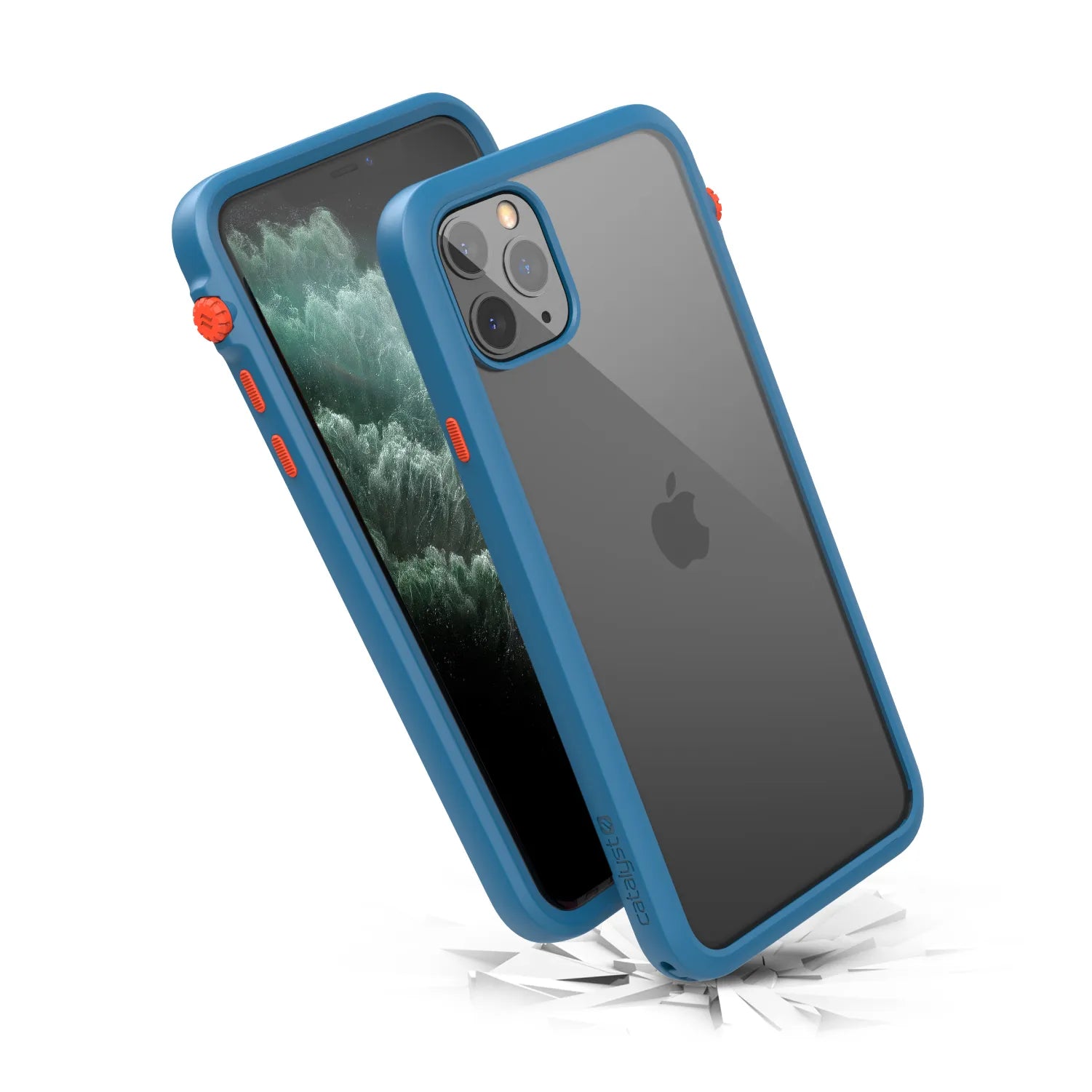 Two iPhone 11 Pro Max phones in blue Catalyst Case US Impact Protection Cases are shownâ€â€Âone displays the screen, the other shows the Apple logo and triple cameraâ€â€Âon glass shards, showcasing MIL-STD 810G drop-proof protection.