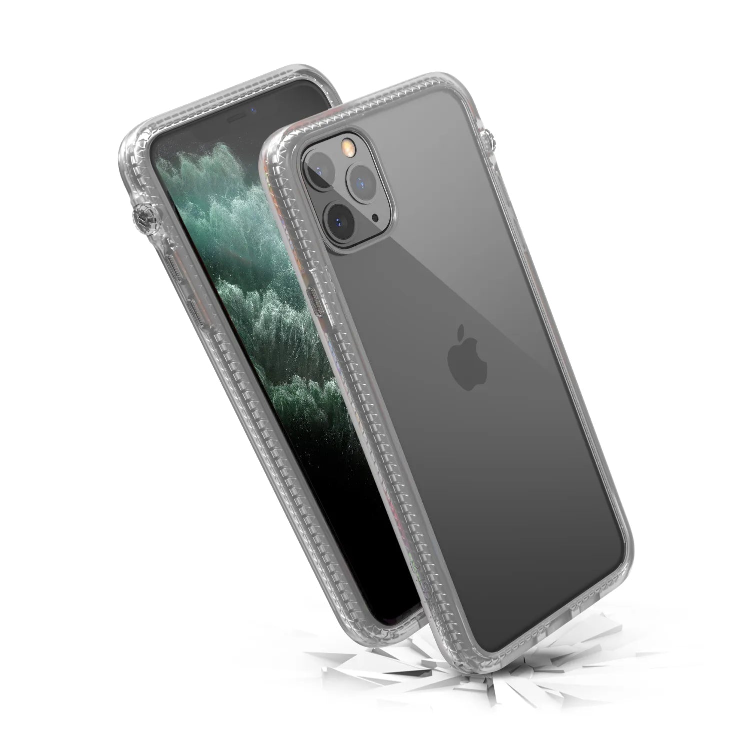 Two iPhone 11 Pro Max devices in Catalyst Case US Impact Protection Cases are shown upright on shards; one displays a green abstract wallpaper and the other showcases the Apple logo and triple camera, emphasizing their drop-proof protection.