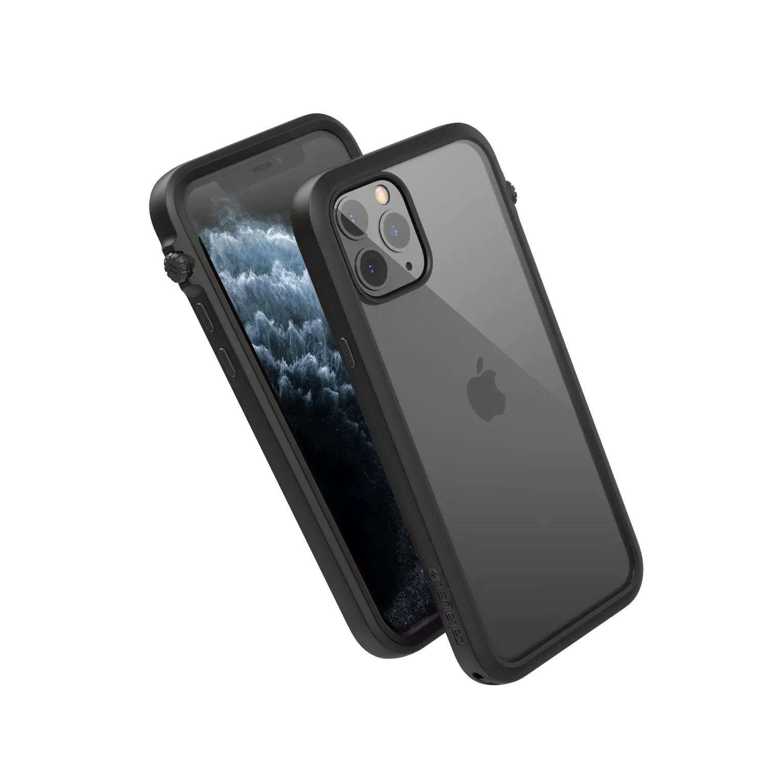 Two iPhone 11 Pros in Catalyst Case US Impact Protection Cases are shown in Stealth Black. The cases offer MIL-STD 810G drop protection, a sleek matte finish with a clear back, and support wireless charging while showcasing the phone’s design.