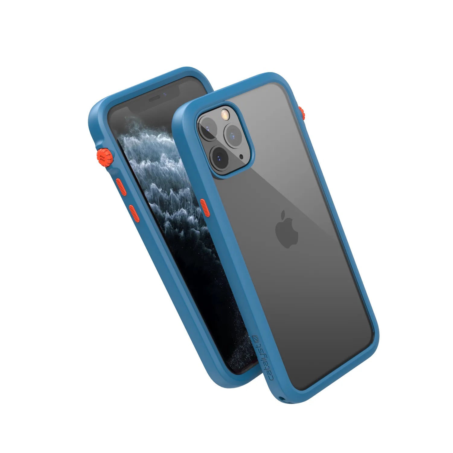 Two iPhone 11 Pro smartphones in Catalyst Case US Impact Protection Cases (Blueridge/Sunset) are shownâ€â€Âone displays a dark image, the other the Apple logo and triple cameras. Both cases support wireless charging.