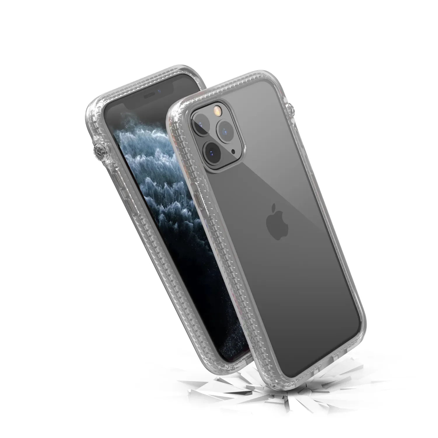 Two iPhone 11 Pros in Catalyst Case US Impact Protection Cases are shown. The clear, rugged case features reinforced corners for a Drop Proof effect and fully supports Wireless Charging for convenience.