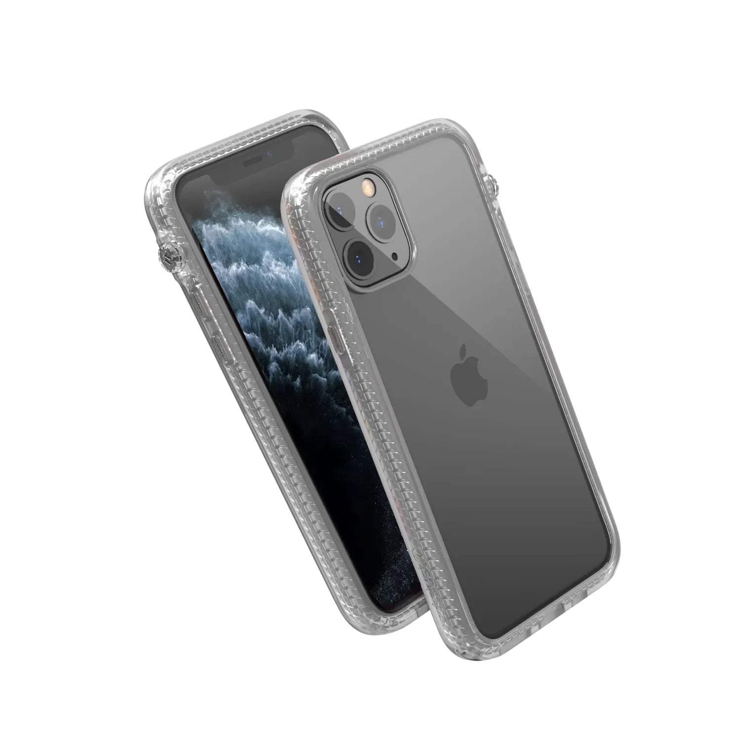 Two iPhone 11 Pros in Catalyst Case US Impact Protection Cases (Clear) are displayed: one with a dark cloud wallpaper, the other showing the Apple logo and triple camera. Both have reinforced corners, support wireless charging, and float on a white background.