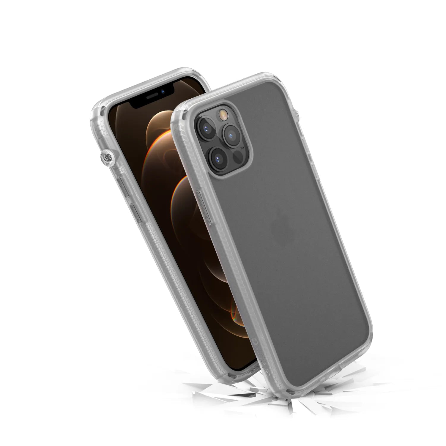 The Catalyst Case US Influence Case for iPhone 12 / 12 Pro is shown upright on a cracked white surface, highlighting its clear rugged design, MIL-STD 810G drop protection, visible back and camera, and wireless charging compatibility.