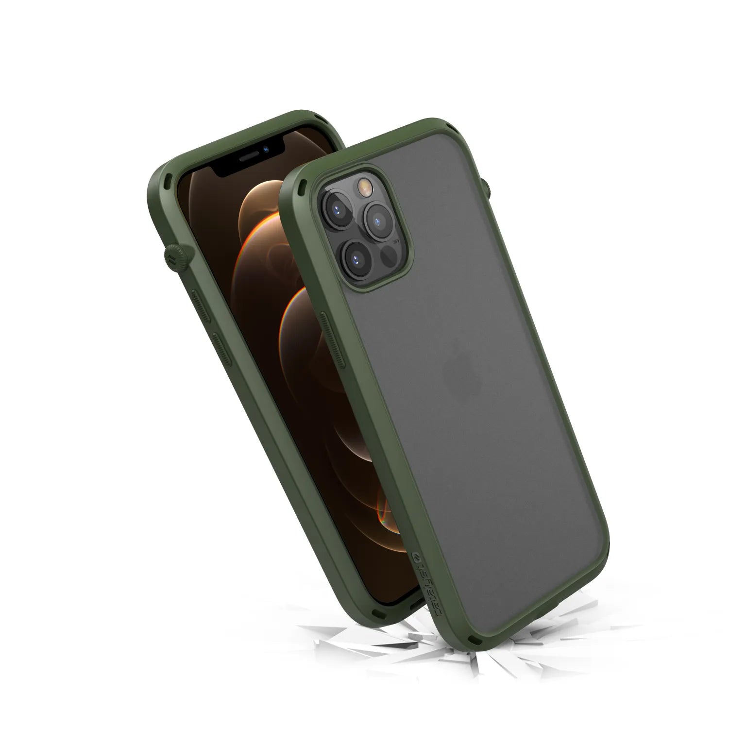 Two iPhone 12 / 12 Pro devices in Catalyst Case US Influence Cases, rugged green color—one shows its display, the other a triple-camera back—land on a cracked white surface, highlighting MIL-STD 810G drop protection.