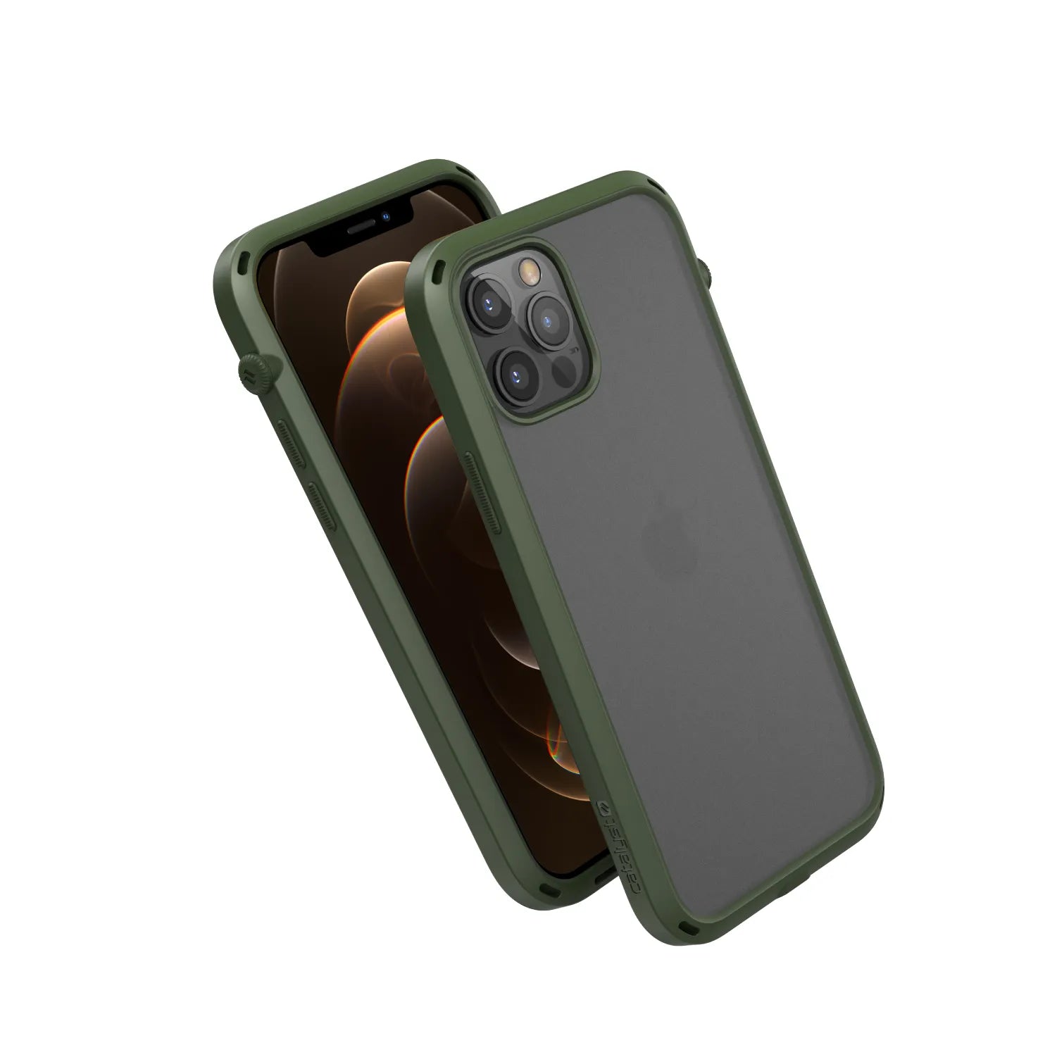 Two iPhone 12/12 Pros are shown in Catalyst Case US Influence Cases in Army Green, featuring slim transparent designs with matte green bumpers, MIL-STD 810G drop protection, minimalist style, and full wireless charging support.