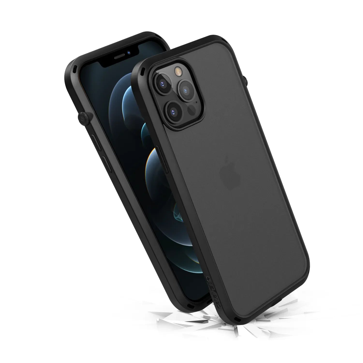 The Catalyst Case US iPhone 12 Pro Max - Influence Case in matte black stands upright against a white background, while the Drop Proof case bounces off a cracked surface to highlight its exceptional impact resistance and durability.