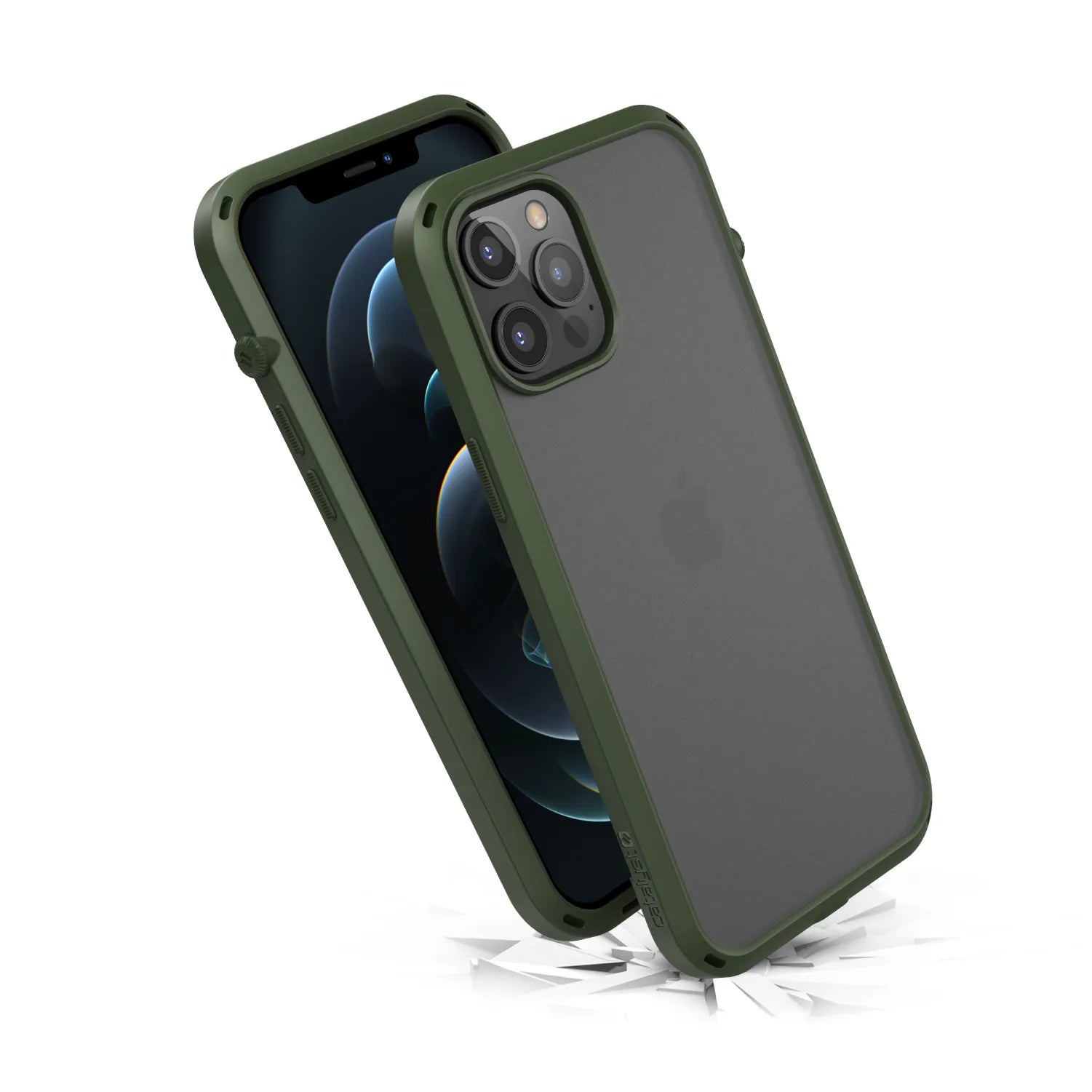 The Catalyst Case US Influence Case for iPhone 12 Pro Max, shown in green and black, is depicted bouncing on a cracked white surface, highlighting its MIL-STD 810G drop protection and wireless charging compatibility.