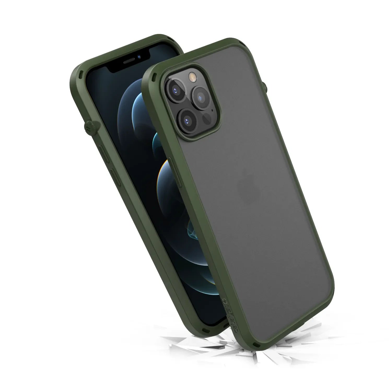 The Catalyst Case US Influence Case for iPhone 12 Pro Max, shown in green and black, is depicted bouncing on a cracked white surface, highlighting its MIL-STD 810G drop protection and wireless charging compatibility.