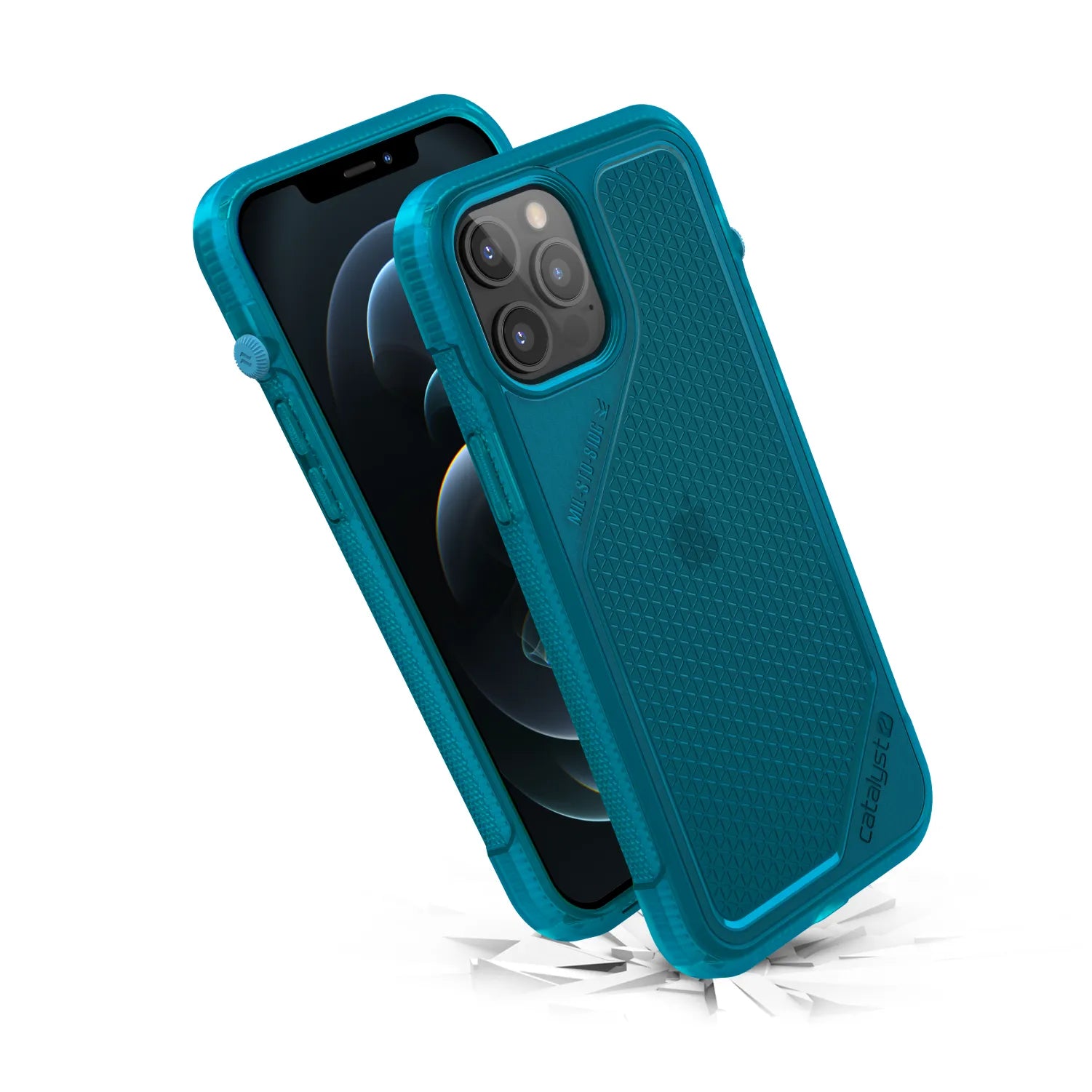 Two iPhone 12 Pro Max devices in Catalyst Case US Vibe Cases, featuring rugged teal texture and reinforced cornersâ€â€Âone upright, one leaning behindâ€â€Âshowcasing enhanced drop protection on cracked surfaces.