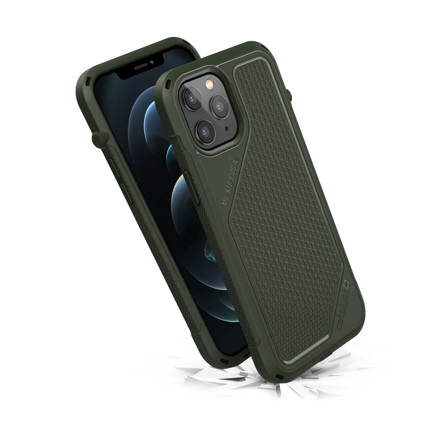 The Catalyst Case US Vibe Case for iPhone 12 Pro Max, shown in dark green from two angles, features a textured back, reinforced corners, and a honeycomb grip pattern for durability and impact protection. One image shows the screen, the other shows the camera.
