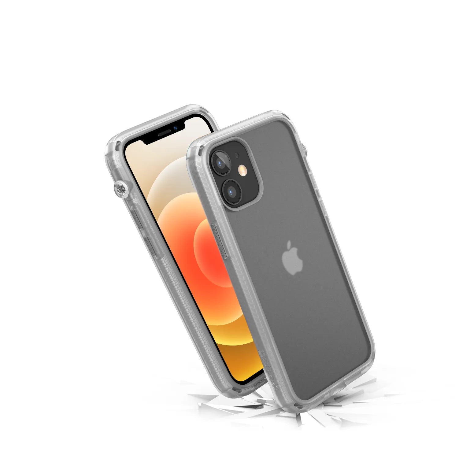 Two iPhone 12 minis by Catalyst Case US, each in a clear Influence Caseâ€â€Âone displays its orange and yellow screen, the other shows the Apple logo. The right phone highlights drop proof durability for extra protection.