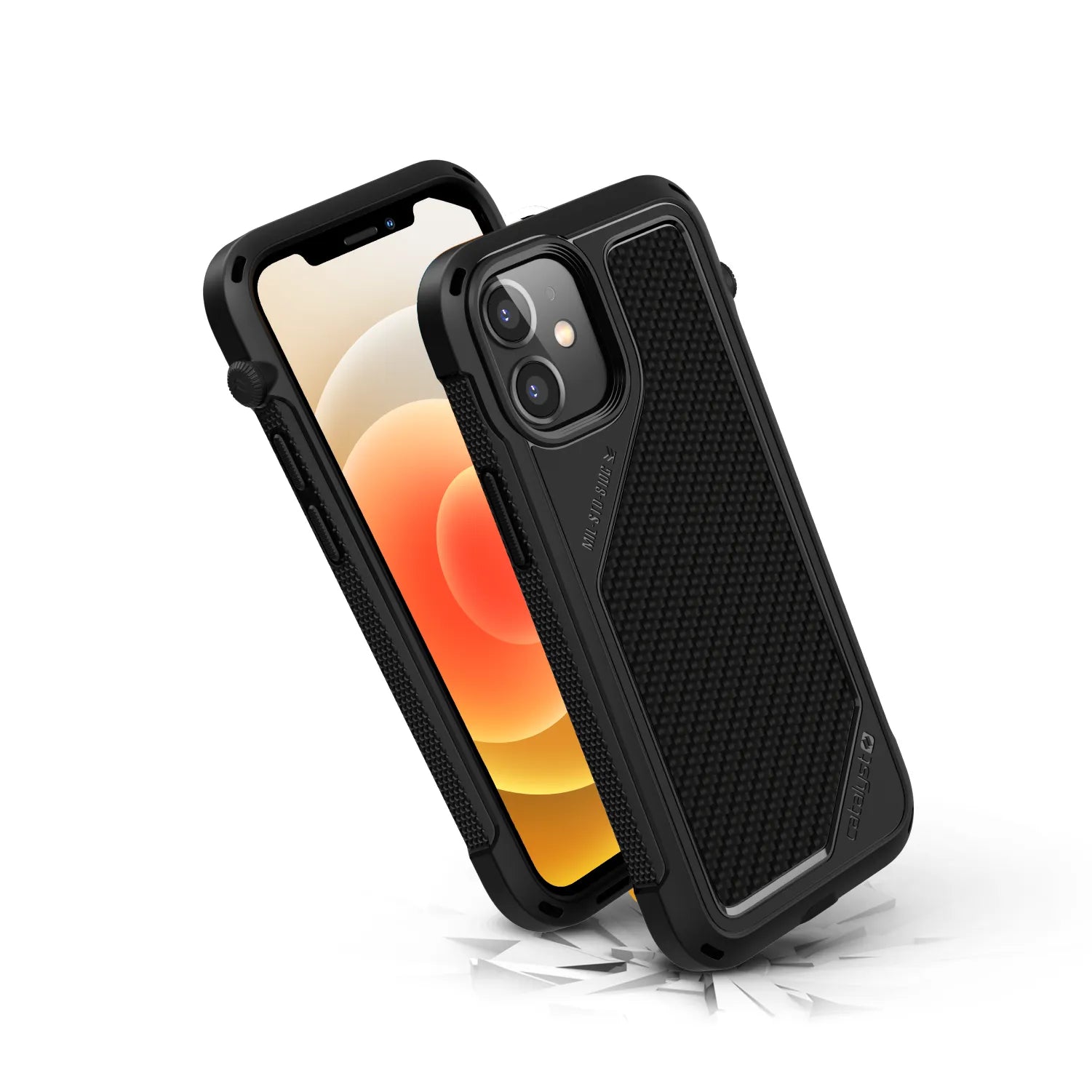 Two rugged Catalyst Case US Vibe Cases for iPhone 12 mini deliver tough drop protection. One case displays a textured back, the other showcases the front on a vivid orange and yellow screen. Cracked ground highlights their durability.