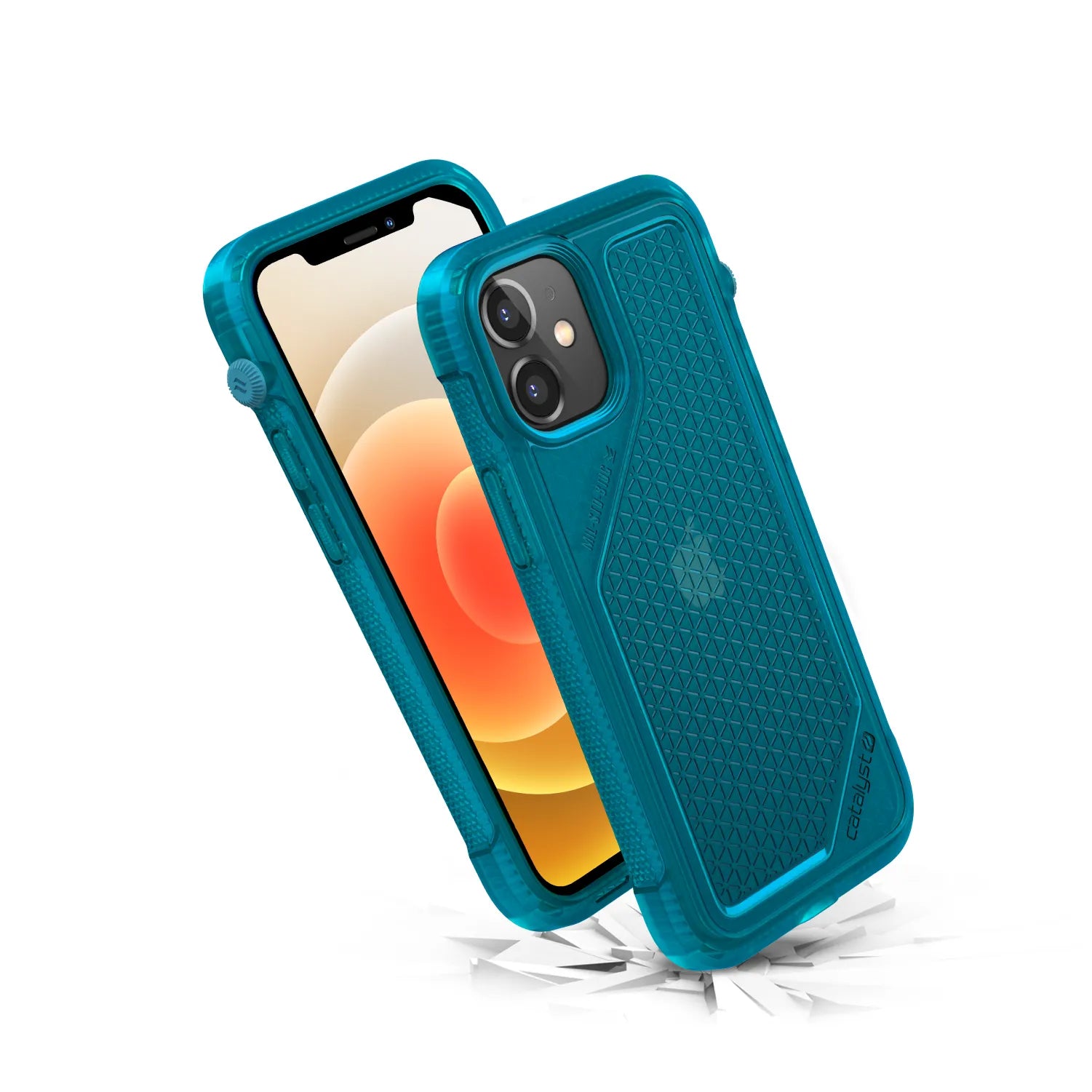 Two Bondi Blue Catalyst Case US Vibe Cases protect an iPhone 12 mini. One case shows the display with orange-yellow abstract wallpaper; the other shows the textured back. Both rest on a white cracked surface, highlighting impact resistance.