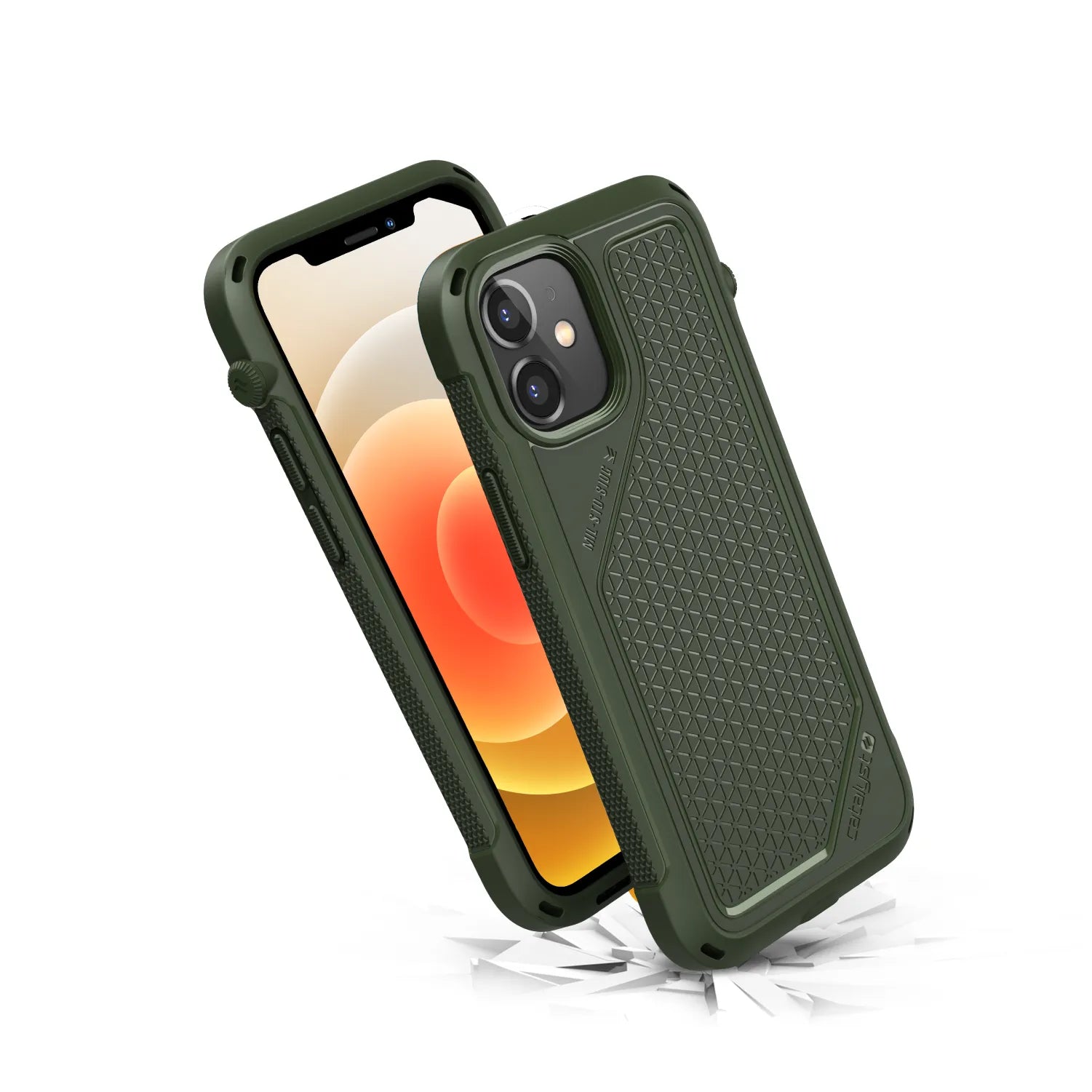 Two iPhone 12 mini devices, each in Catalyst Case US Vibe Cases (Army Green), are shown: one with an orange gradient home screen, the other revealing the case's textured geometric back and reinforced, impact-resistant design over cracked glass.