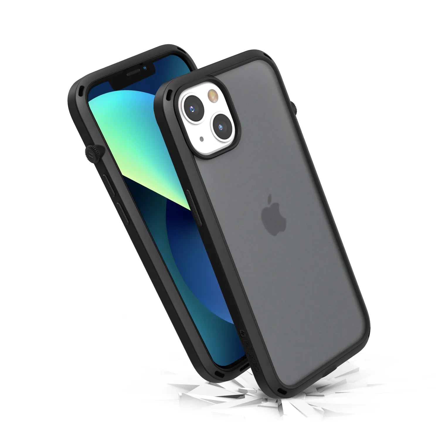 The Catalyst Case US iPhone 13 - Influence Case in Stealth Black is shown upright with a green-blue abstract wallpaper, landing on a surface that cracks beneath it to demonstrate its Drop Proof protection.