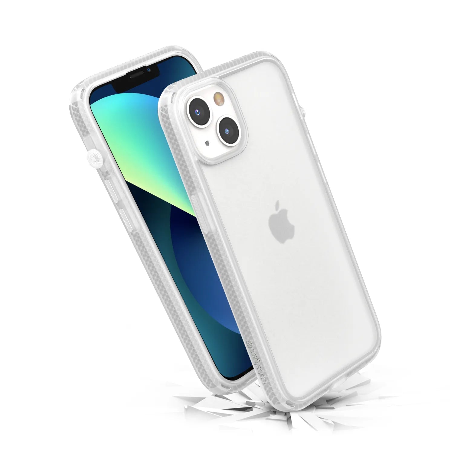 The Catalyst Case US Influence Case for iPhone 13 in Clear stands upright, displaying its textured, drop-proof back and screen with abstract blue-green shapes, while supporting wireless charging for extra convenience.