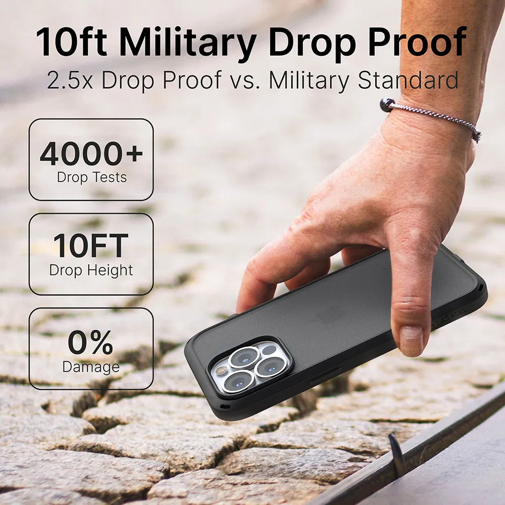 A hand drops an iPhone 13 with the Catalyst Case US Influence Case onto concrete. Text reads: "10ft Drop Proof," "MIL-STD 810G tested," "2.5x Drop Proof vs. Military Standard," "4000+ Drop Tests," and "0% Damage.