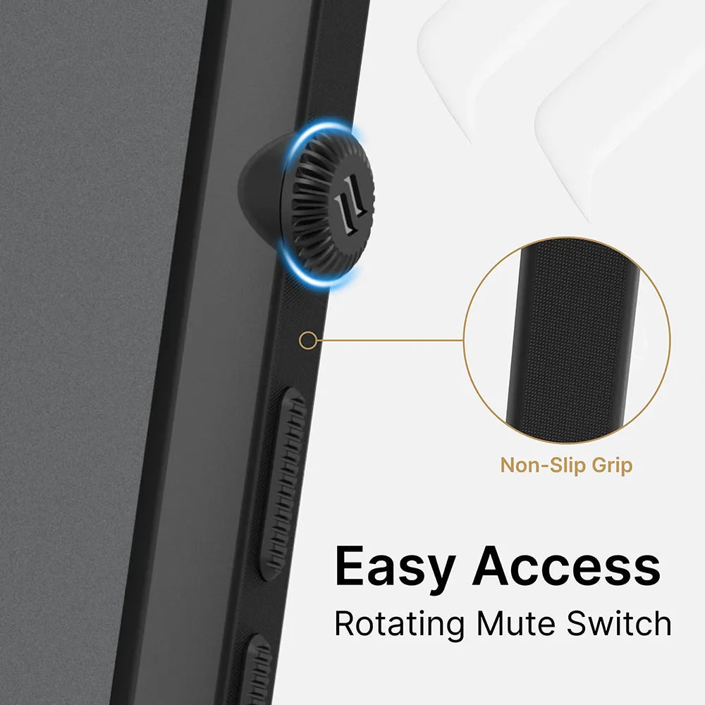 A close-up of the Catalyst Case US Influence Case for iPhone 13 shows a rotating mute switch with a textured, non-slip grip. An inset highlights its drop-proof design. Text: “Easy Access Rotating Mute Switch†and “Non-Slip Grip.â€ÂÂ.