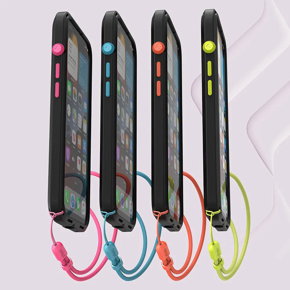 Four iPhone 13 units in Catalyst Case US Influence Cases stand upright with colored side buttons and matching wrist strapsâ€â€Âpink, blue, orange, and green. Screens display app icons on a light, abstract background.