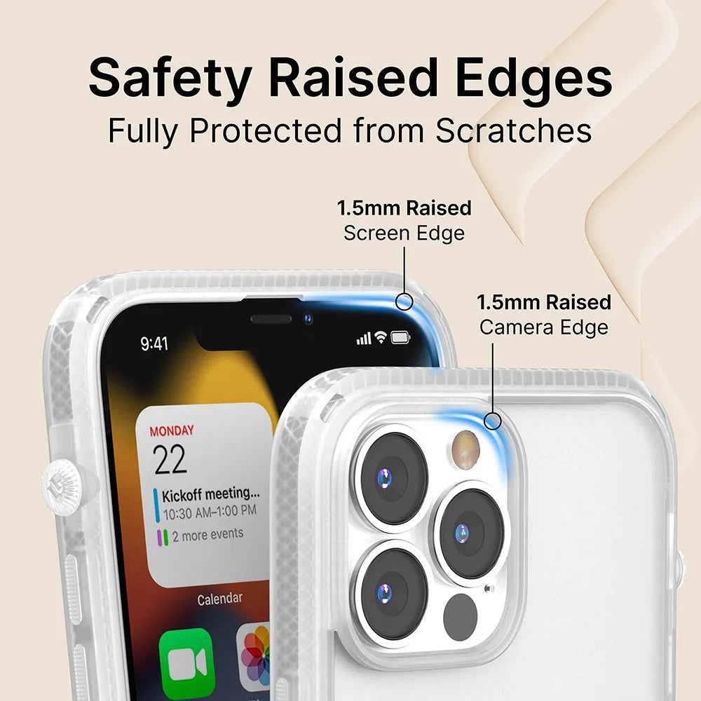 The Catalyst Case US iPhone 13 mini - Influence Case is displayed on an iPhone, showcasing its 1.5mm raised edges for scratch protection and MIL-STD 810G drop-proof durability. Text above states, “Safety Raised Edges, Fully Protected from Scratches.â€ÂÂ.