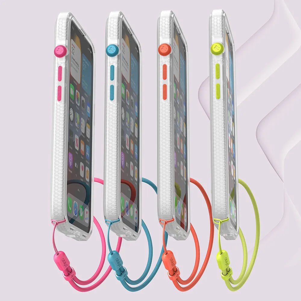 Four iPhone 13 mini smartphones in Catalyst Case US Influence Cases stand upright. Each white textured, drop-proof case has distinct colored buttons and matching lanyardsâ€â€Âpink, blue, orange, yellow-green. Screens show apps on a light background.