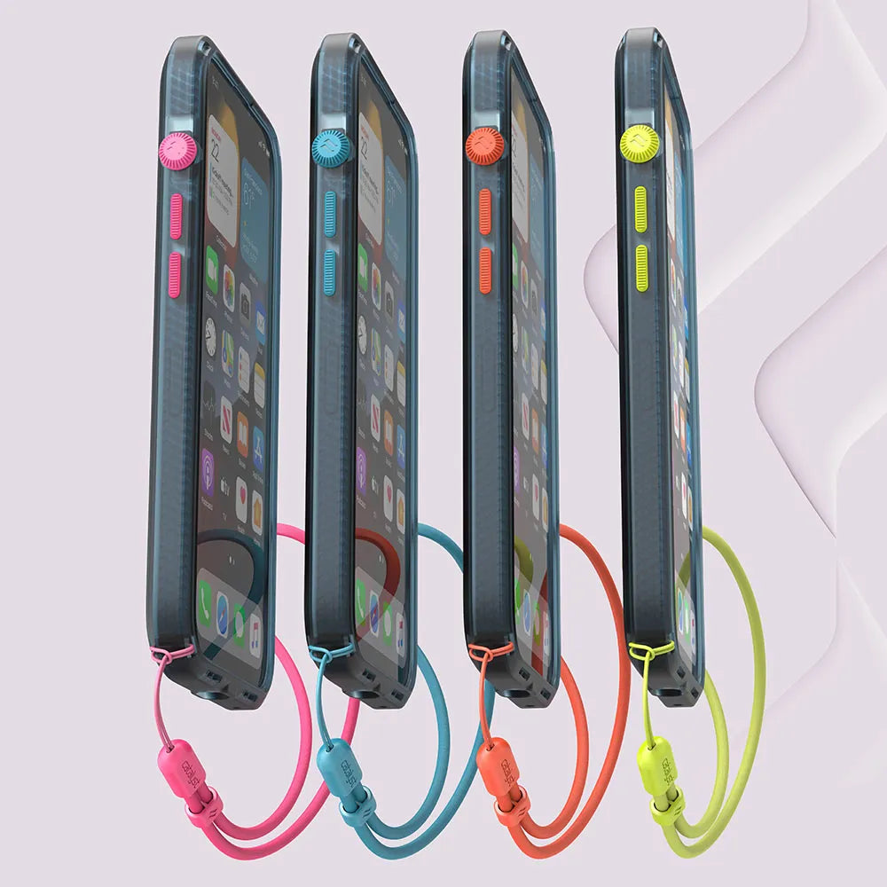 Four iPhone 13 Pro Max phones in Catalyst Case US Influence Cases with MIL-STD 810G drop protection stand upright, each with a matching wrist strap. Blue cases have pink, blue, orange, or yellow-green accents and display app-filled homepages on light backgrounds.
