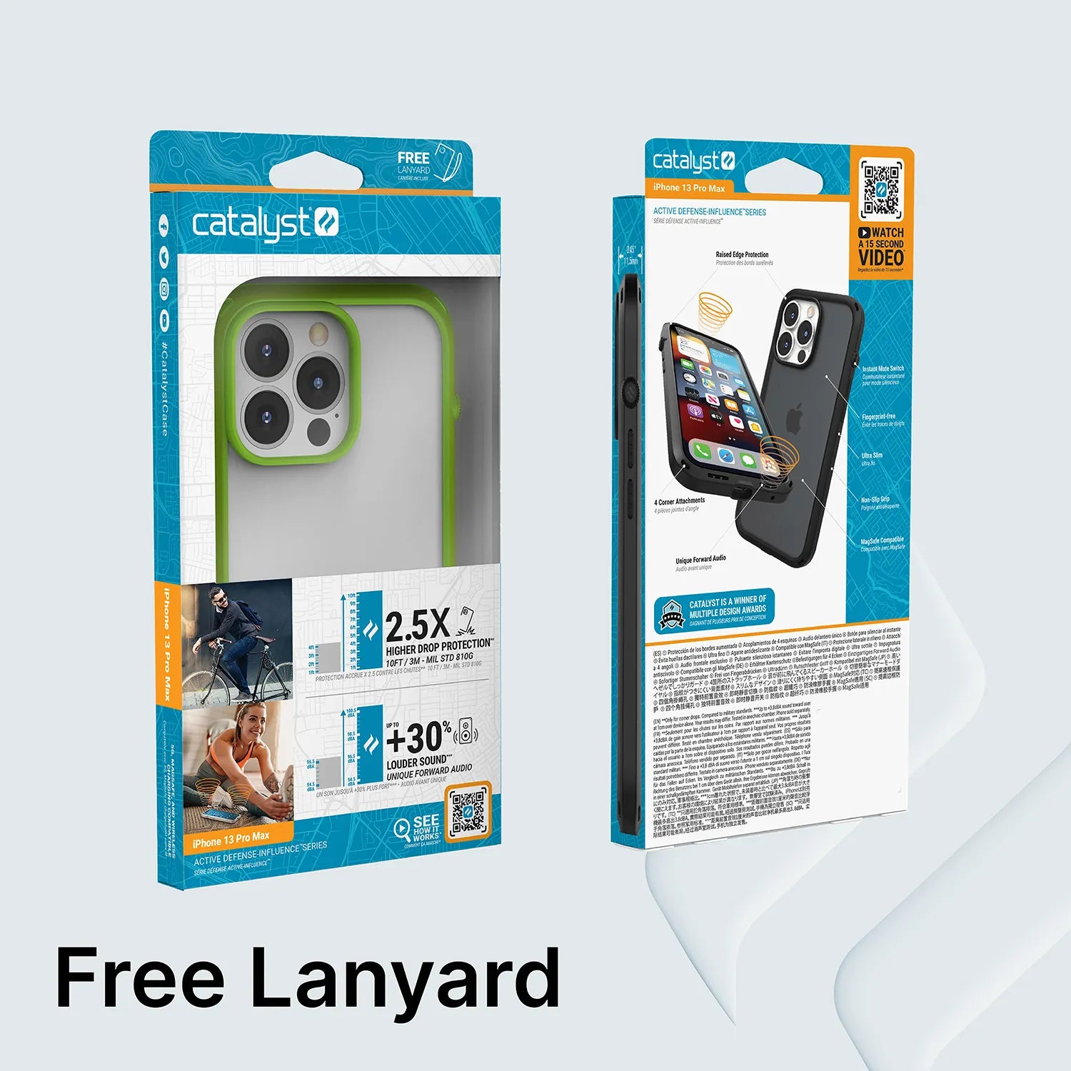 Two Catalyst Case US boxes are shown. The front displays a green-edged clear Influence Case for iPhone 13 Pro Max, with Drop Proof protection at 2.5x drops, MIL-STD 810G durability, and a 30% thinner design. The back shows the black case and "Free Lanyard" label.