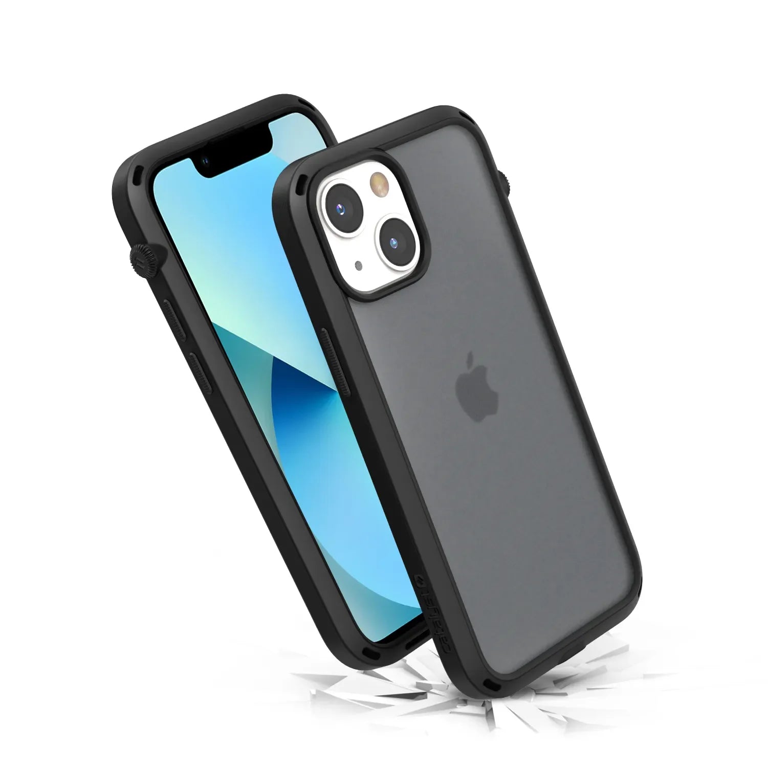 Two iPhone 13 mini devices in Stealth Black Catalyst Influence Casesâ€â€Âone upright with a blue screen, one leaning to show the Apple logo and dual cameraâ€â€Ârest on shattered glass, showcasing MIL-STD 810G drop proof shock protection.