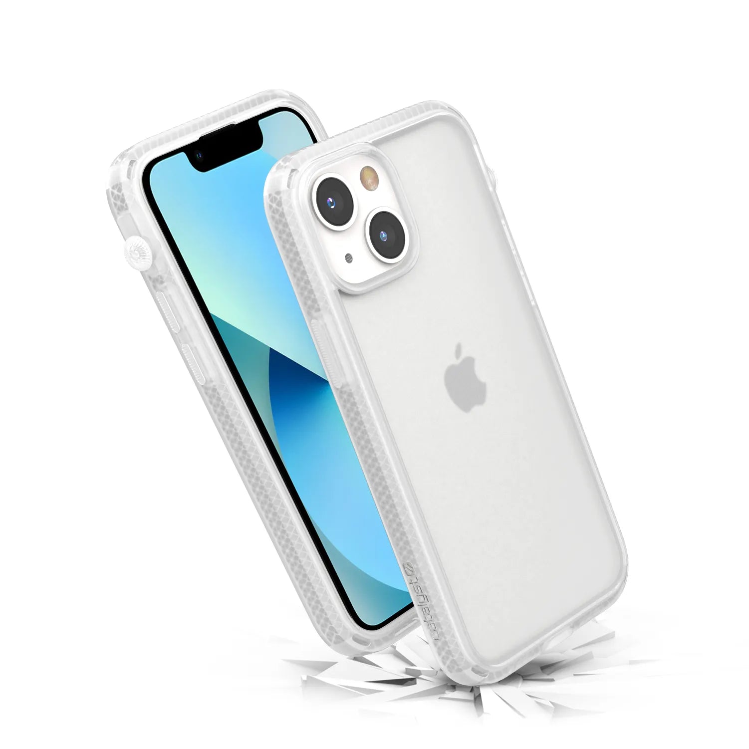 The iPhone 13 mini in a Catalyst Case US Influence Case (Clear) appears to bounce on white shards. The MIL-STD 810G drop-proof, reinforced case displays the Apple logo while the phone shows a blue gradient wallpaper.
